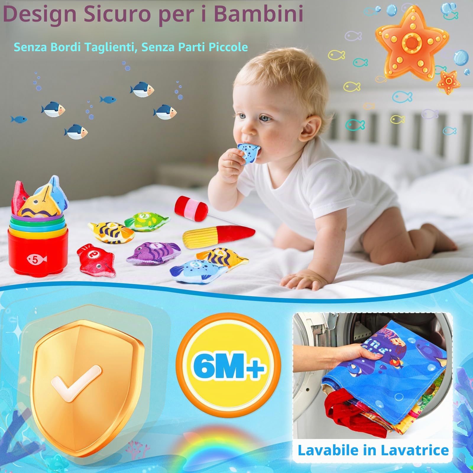 Giochi Bambini 1 Anno, 22 Pezzi Pesca Morbidi, Giochi Montessori 1 Anno Regalo Bambino, con 15 Pesci, Interattivi Educativo Gioco Bambino 1 2 3 Regali per Compleanno Natale