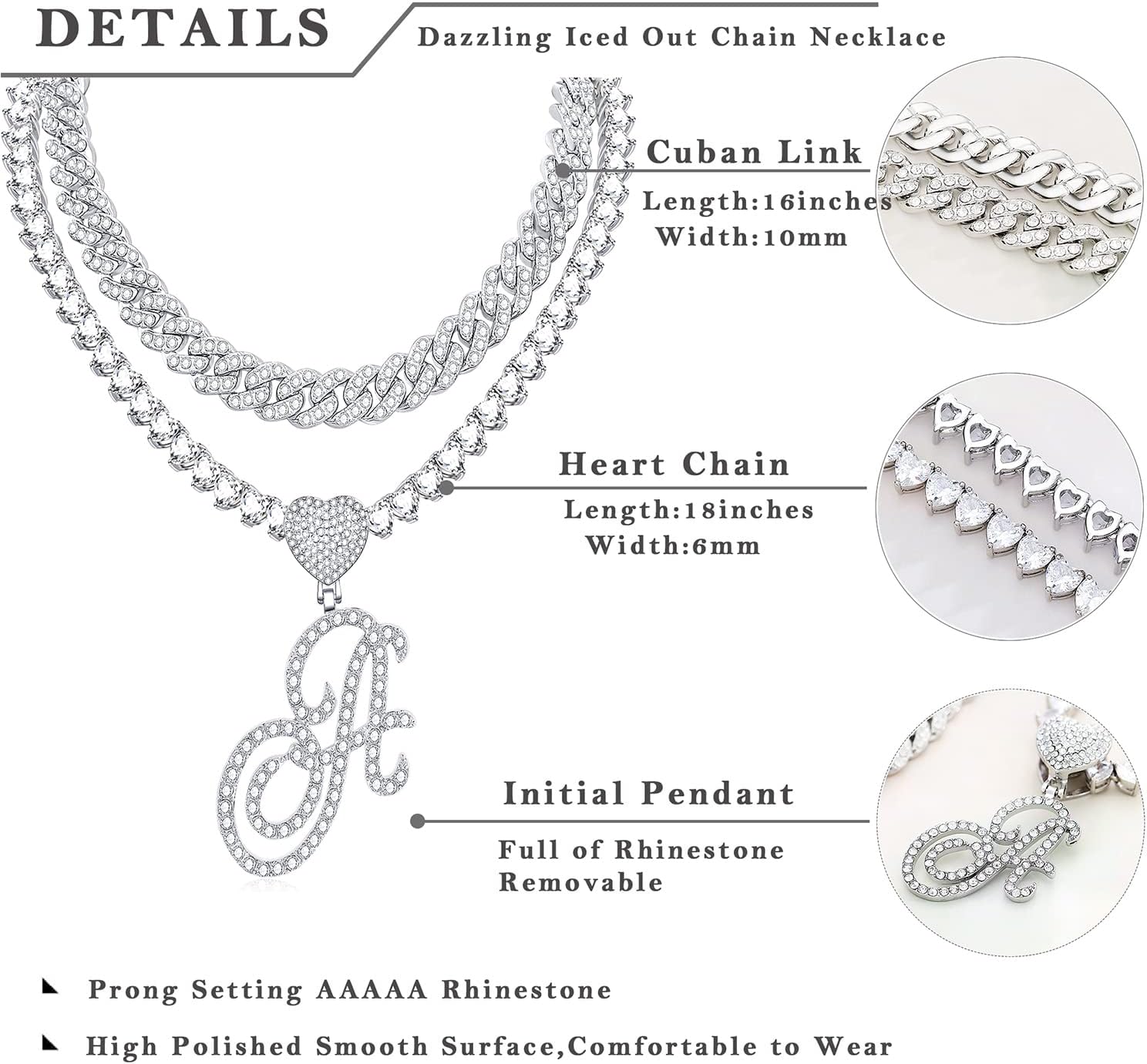 KOHOTA Gold Cuban Link Chain for Women Cursive Initial Pendant Necklace Layered Heart Shaped Zirconia Iced Out Chain Bling Necklace 24K Gold Plated Luxury Hip Hop Jewelry image 5