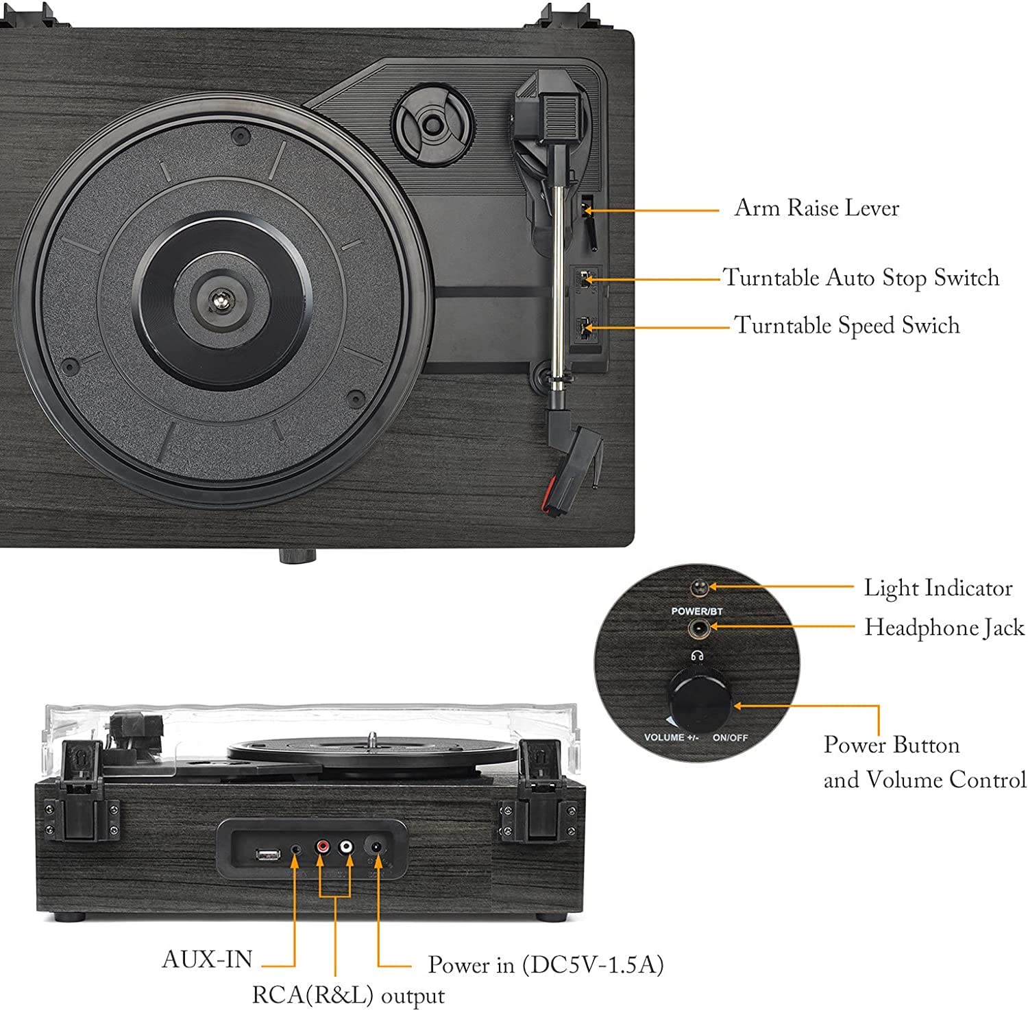 Udreamer Platine Vinyle, Tourne-Disque avec Haut-parleurs intégrés et entraînement par Courroie Bluetooth, phonographe Vintage avec 3 Vitesses Bois Noir