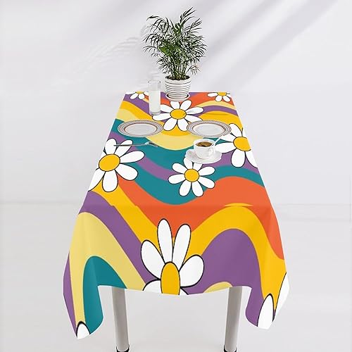 Miniatura 856 de Mantel floral hippie, diseño retro de los años 70, naranja, rosa, azul, floral, bohemio, estampado estético de margaritas, para fiesta, picnic