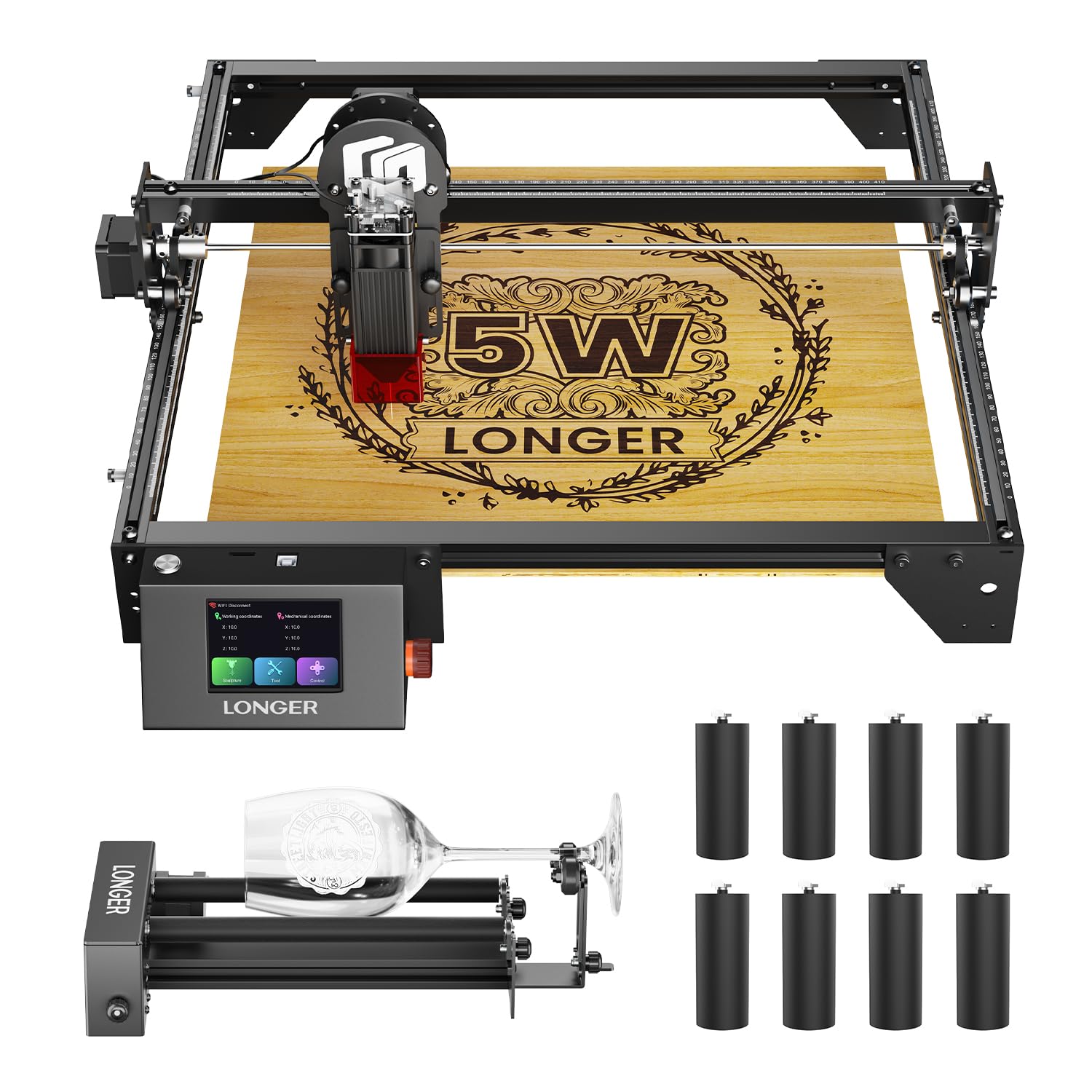 Grabador láser Longer RAY5 de 5 W con rodillo giratorio, 8 piezas, pantalla táctil a color Raiser 3.5, aplicación de control sin conexión, herramienta de bricolaje para grabado en metal, vidrio y madera, área de grabado: 15.75 x 15.75