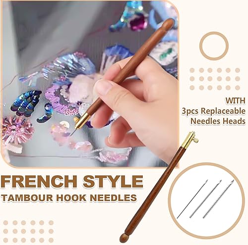 Miniatura 2 de 1 gancho de ganchillo de estilo francés con mango de madera con cuentas de bordado, con 3 piezas (0.028 in0.035 in0.039 in) cabezas de agujas