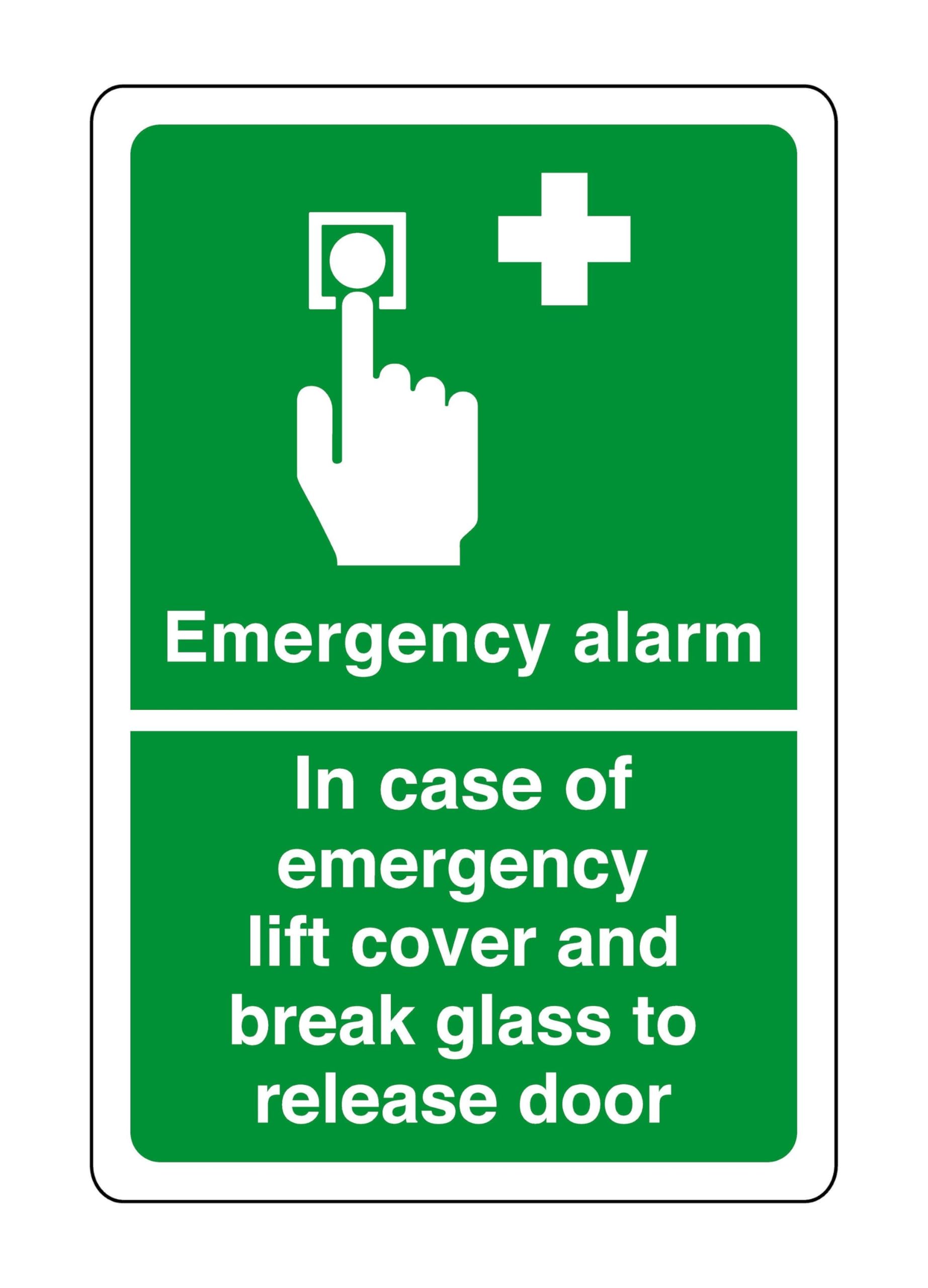 Emergency alarm in case of emergency lift cover and break glass to release door - safety sign - High tack self-adhesive sticker (150mm x 100mm) Viewing Distance within 3m.