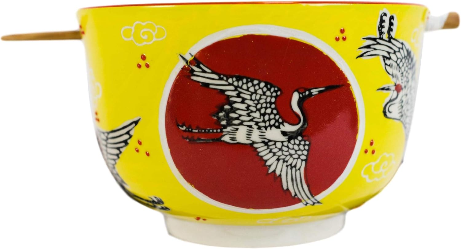 Ebros Red Flying Crane With Red Moon Yellow Sky Ramen Udon Noodles Large 6.25"D Soup Bowl With Bamboo Chopsticks And Built In Rest Set for Asian Dining Rice Meal Bowls Decor Kitchen
