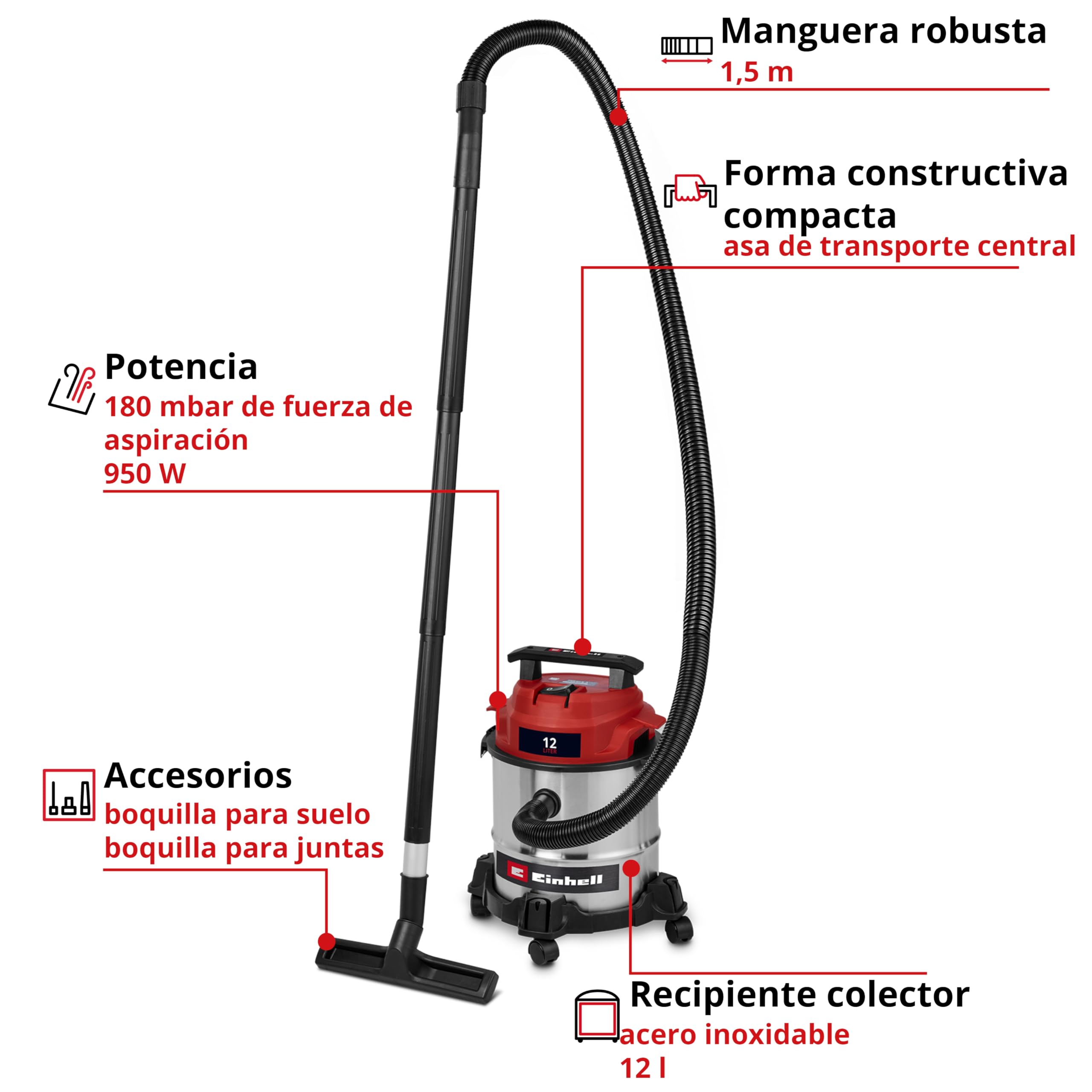 Einhell Aspirador en seco y húmedo TC-VC 1240 S | 950 W | 180 mbar | 4 ruedas giratorias | depósito 12 l | Incl. boquilla para juntas y boquilla combinada | Filtro de espuma