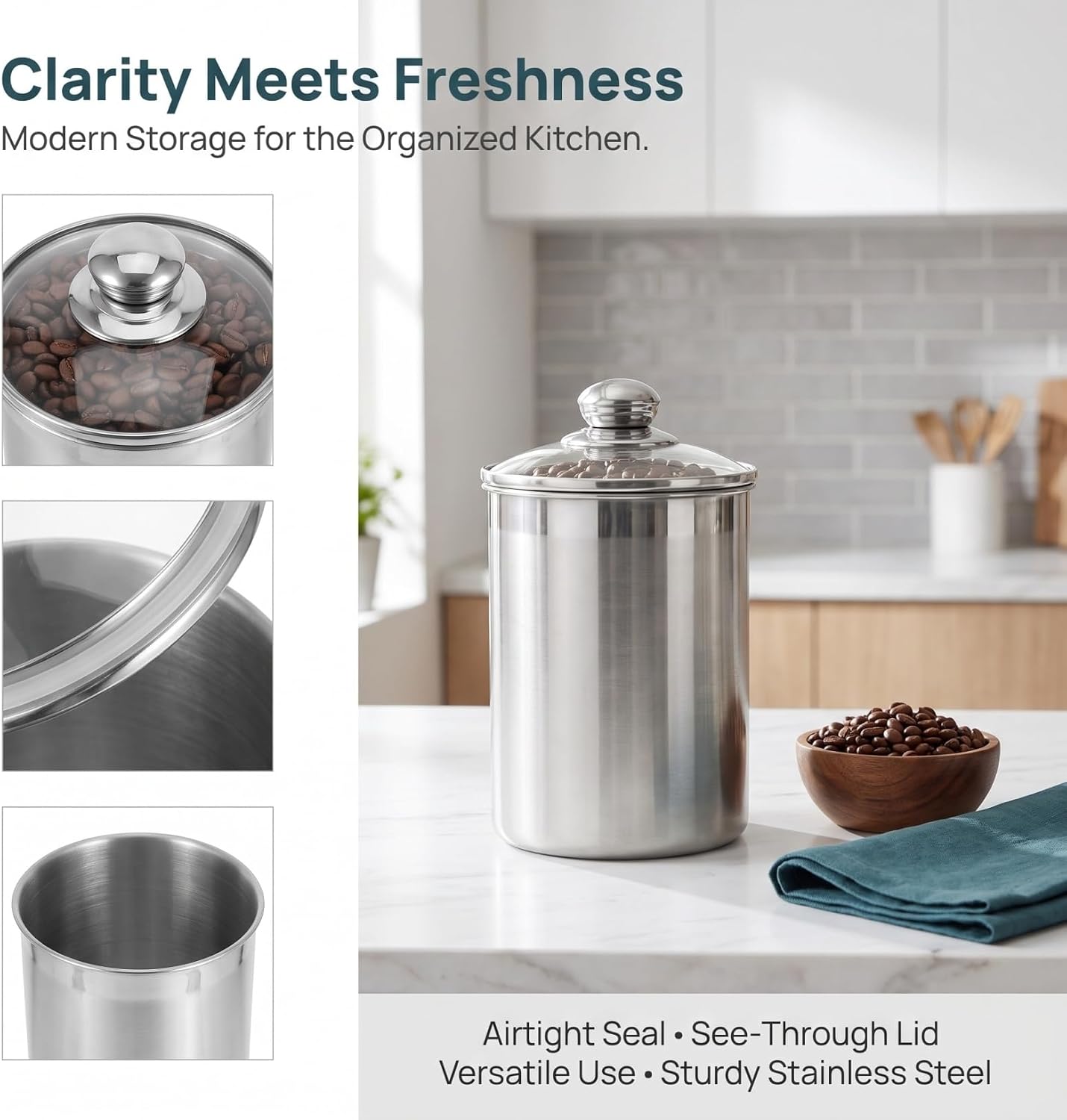 Cabilock Stainless Steel Canister with Glass Lid, 60oz Storage Jar