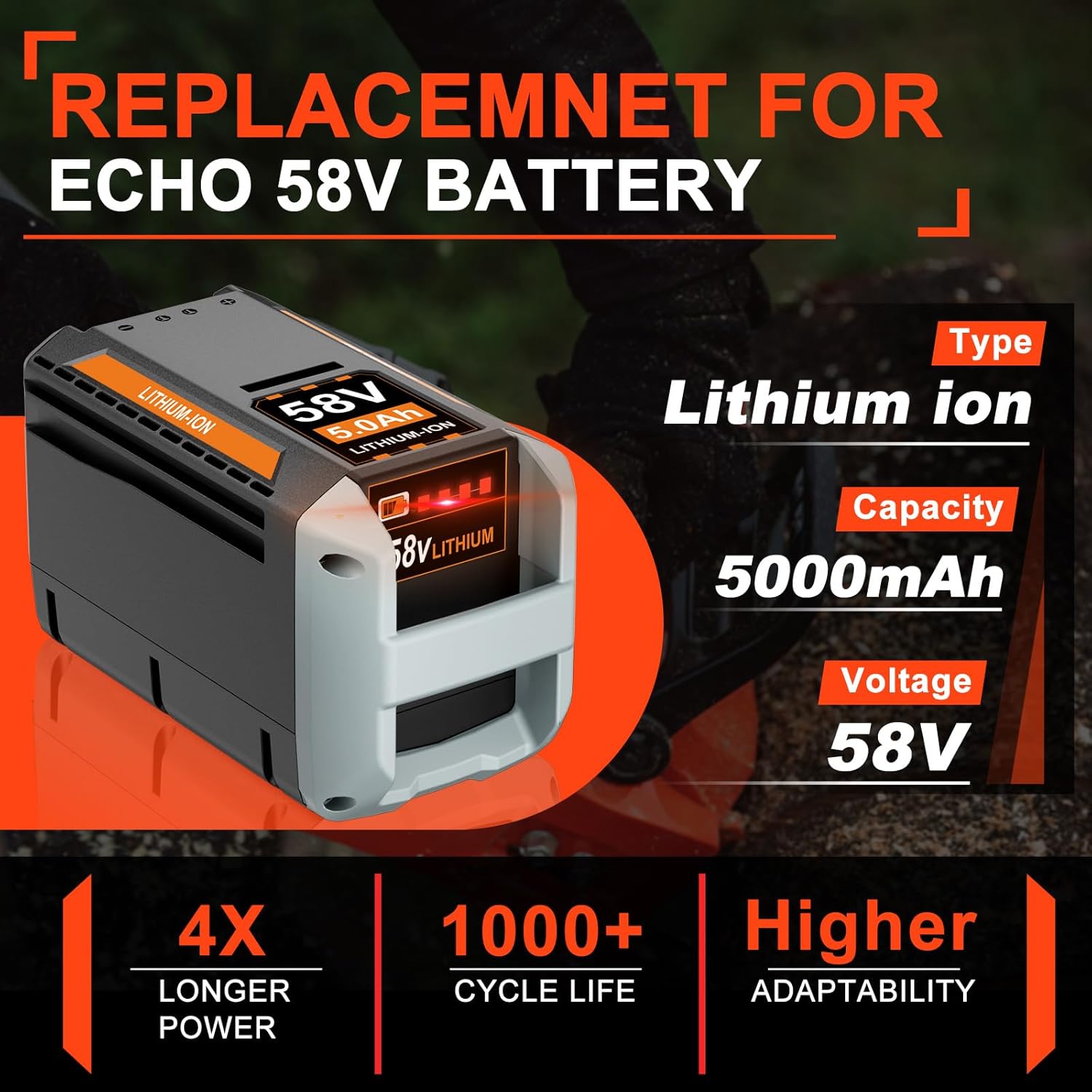 58V Replacement for Echo 58V Battery 5.0Ah CBP-58V40, ‎for 58V MAX PRO Series Power Tool CBP-58V2AH CHT-58V CDST-58V CPLB-58VBT CST-58V (Grey), for Echo Battery