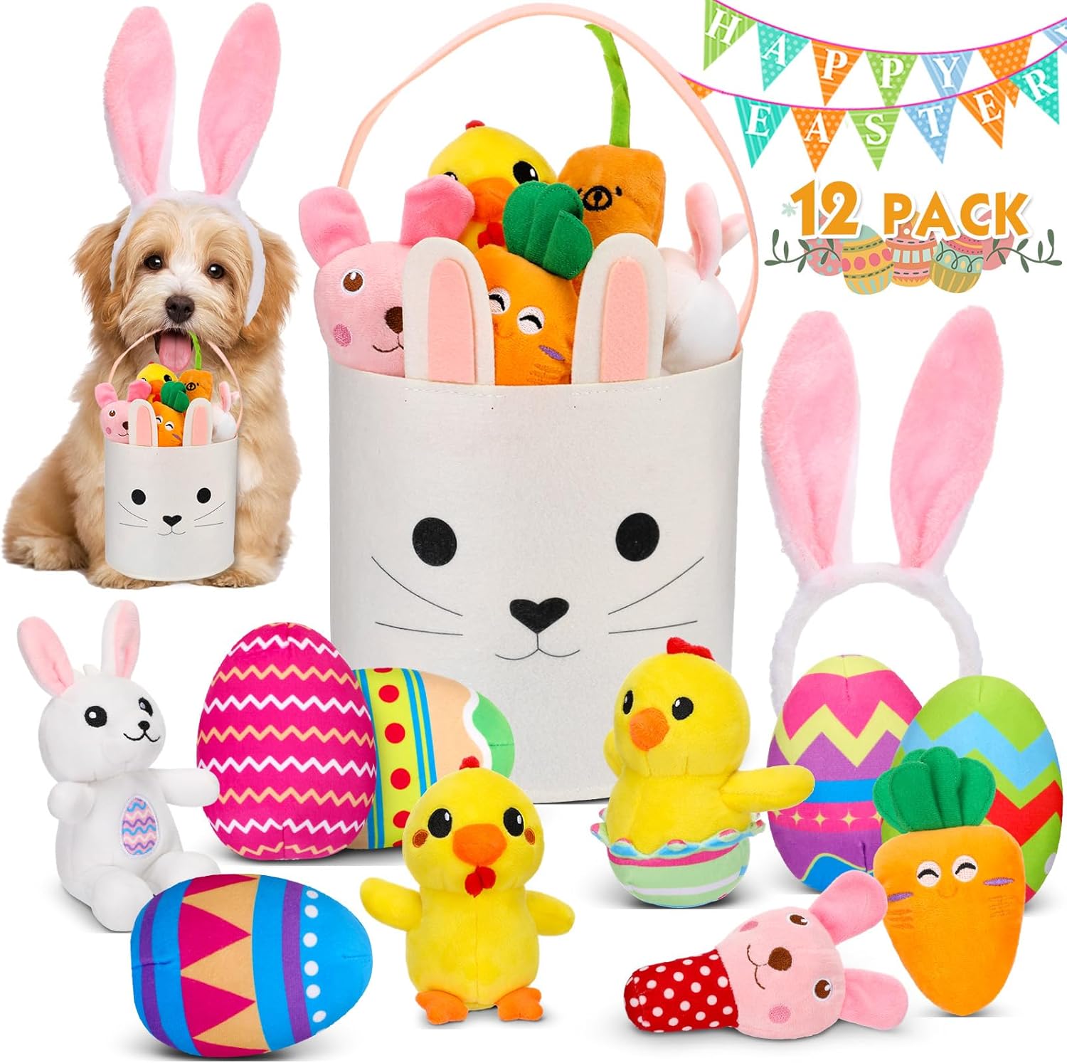 12 Pcs Easter Basket Playset, Easter Dog Toys, Dog Squeaky Toys Plush Easter Eggs Bunny Shape Stuffed Dog Toy Interactive Chew Toy for Dogs Training Teeth Easter Decoration