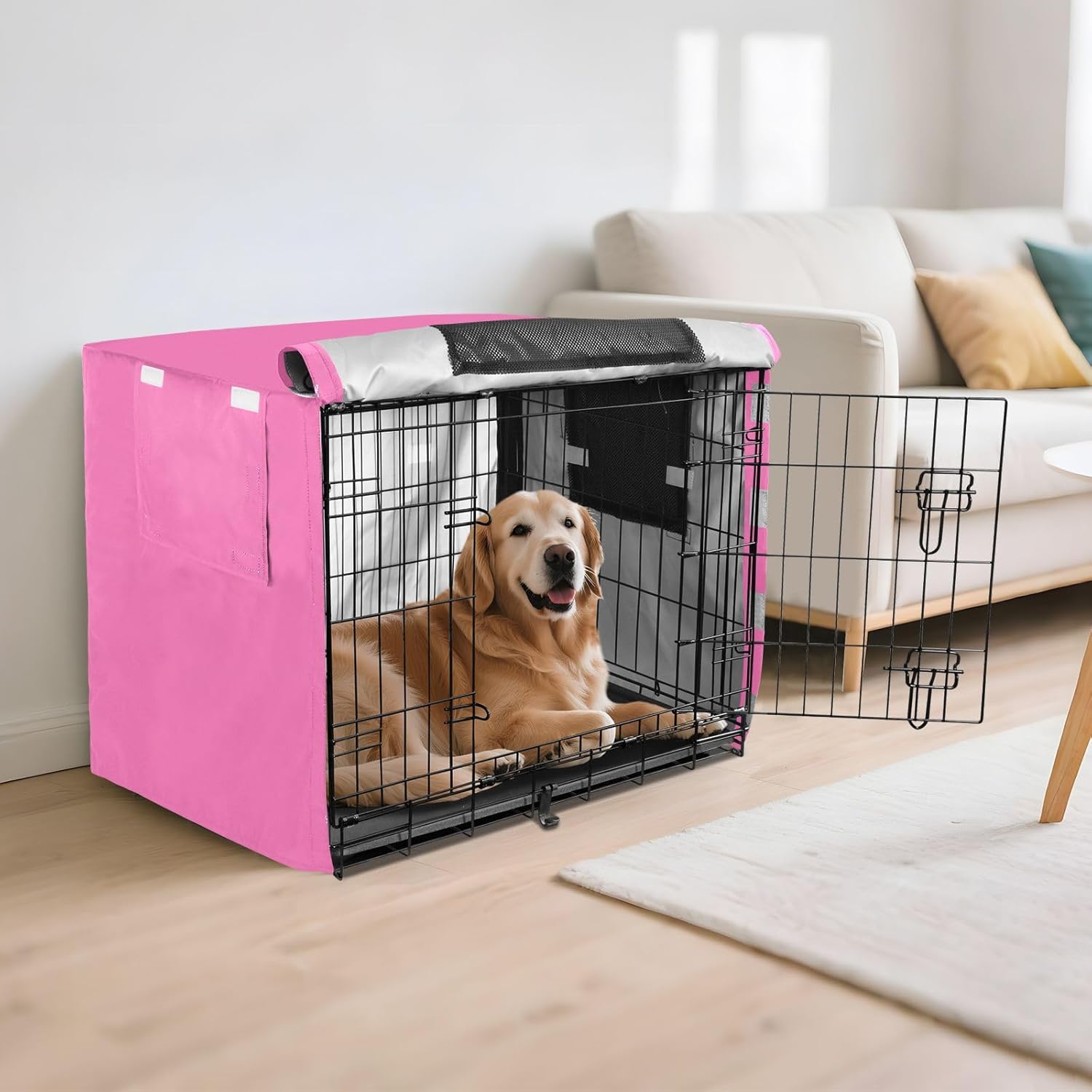 Hot Pink Dog Crate Cover S-XL Wind-Resistant Pet Kennel Cover with Mesh Windows, Reduces Barking, Large