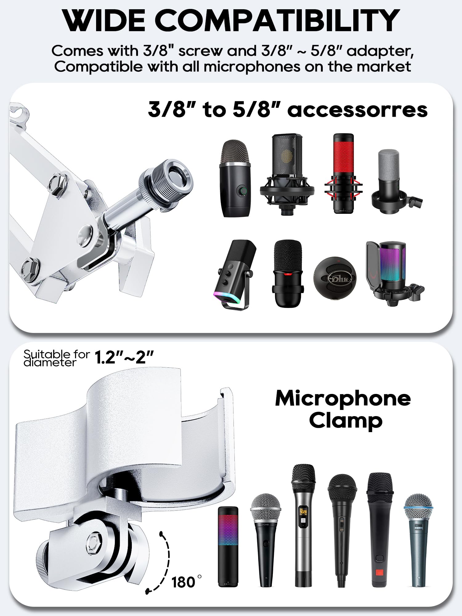 CACENCAN - Soporte de brazo de micrófono mejorado con gestión de cables, adaptador de 3/8 a 5/8 pulgadas, soporte de micrófono de montaje en escritorio para Yeti azul, Shure SM7B, HyperX, transmisión