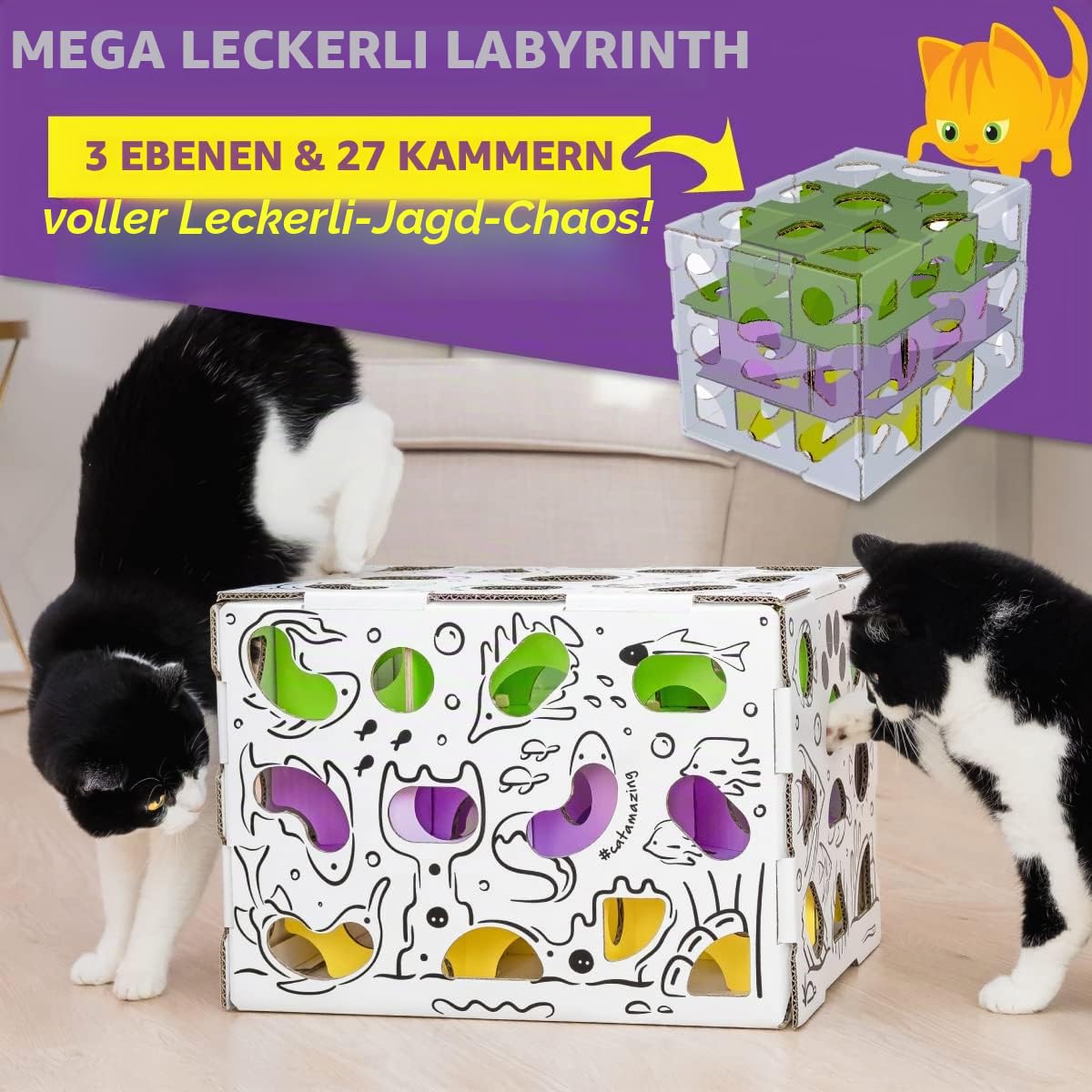 Cat Amazing Mega - Cat Treat Puzzle Box - Interaktives Leckerlabyrinth - Katzenpuzzle Feeder - Leckerli-Box für Indoor-Katzen - Anreicherung Futter Spielzeug - Bestes Katzenspielzeug Aller Zeiten!