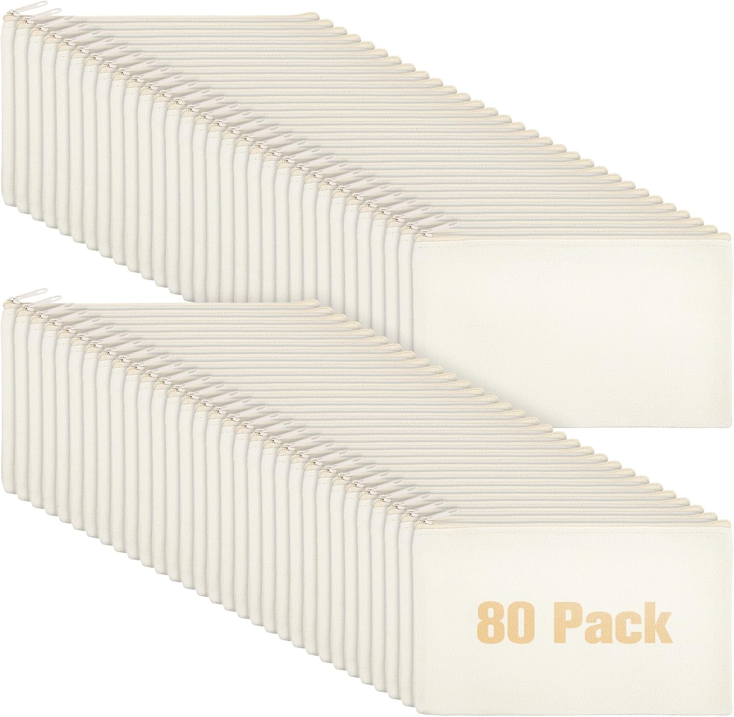 Reginary 80 Pack Canvas Zipper Makeup Bags Bulk Pencil Pouches Blank DIY Craft Canvas Cosmetic Bag Pouch with Zipper for Makeup Cosmetic Toiletry Stationary Storage(All Natural)