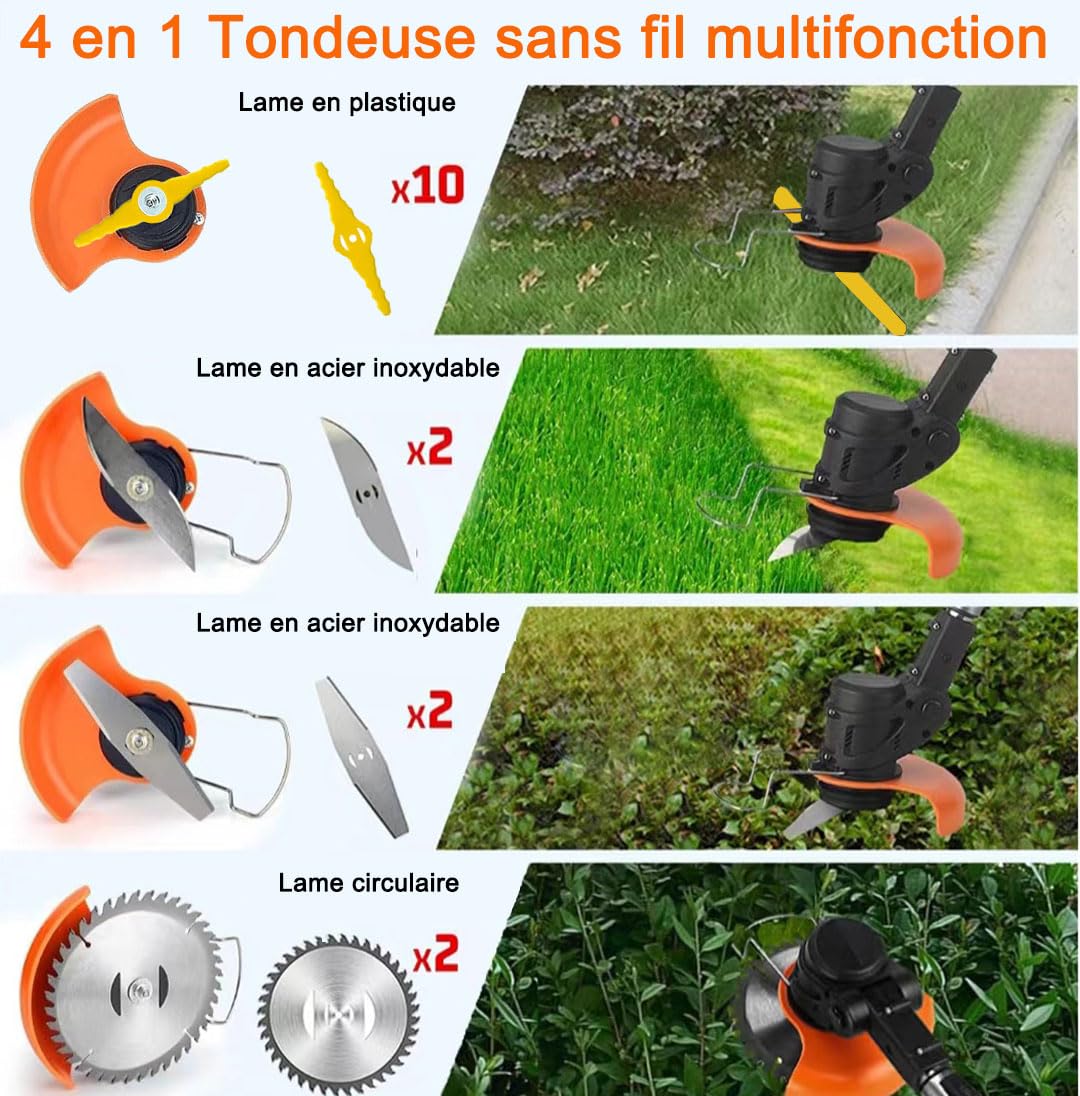 Debroussailleuse Electrique sans Fil, Debrouissalleuses Batterie, 21V 2.0AH Coupe Bordure sans Fil avec 2 Batterie&3 Lames,Débroussailleuse Rétractable Convient aux Jardins et aux pel
