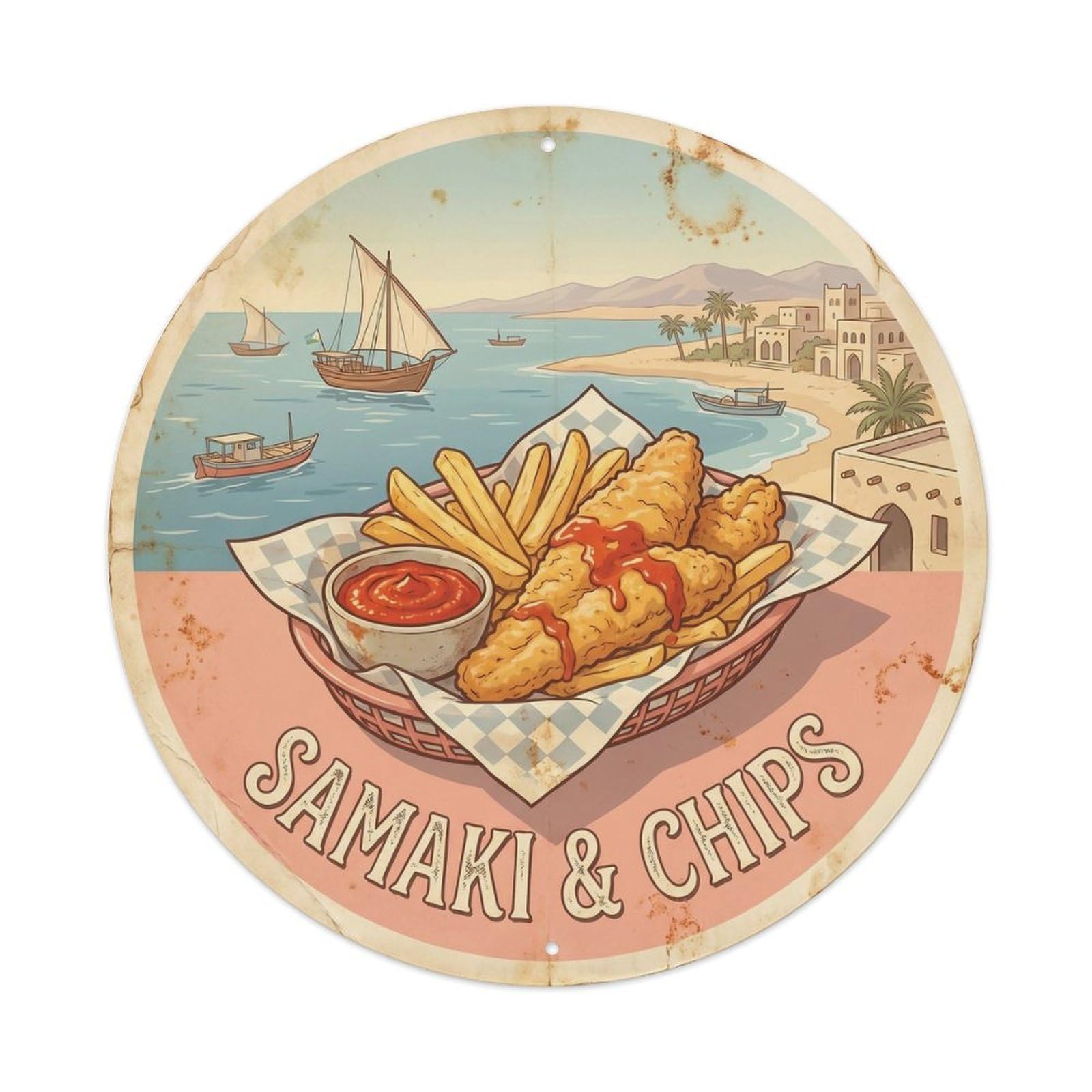 Yrnq 8X8inch Vintage Style Djibouti Chippy Seafood Classic Coastal Culture Metal Tin Sign