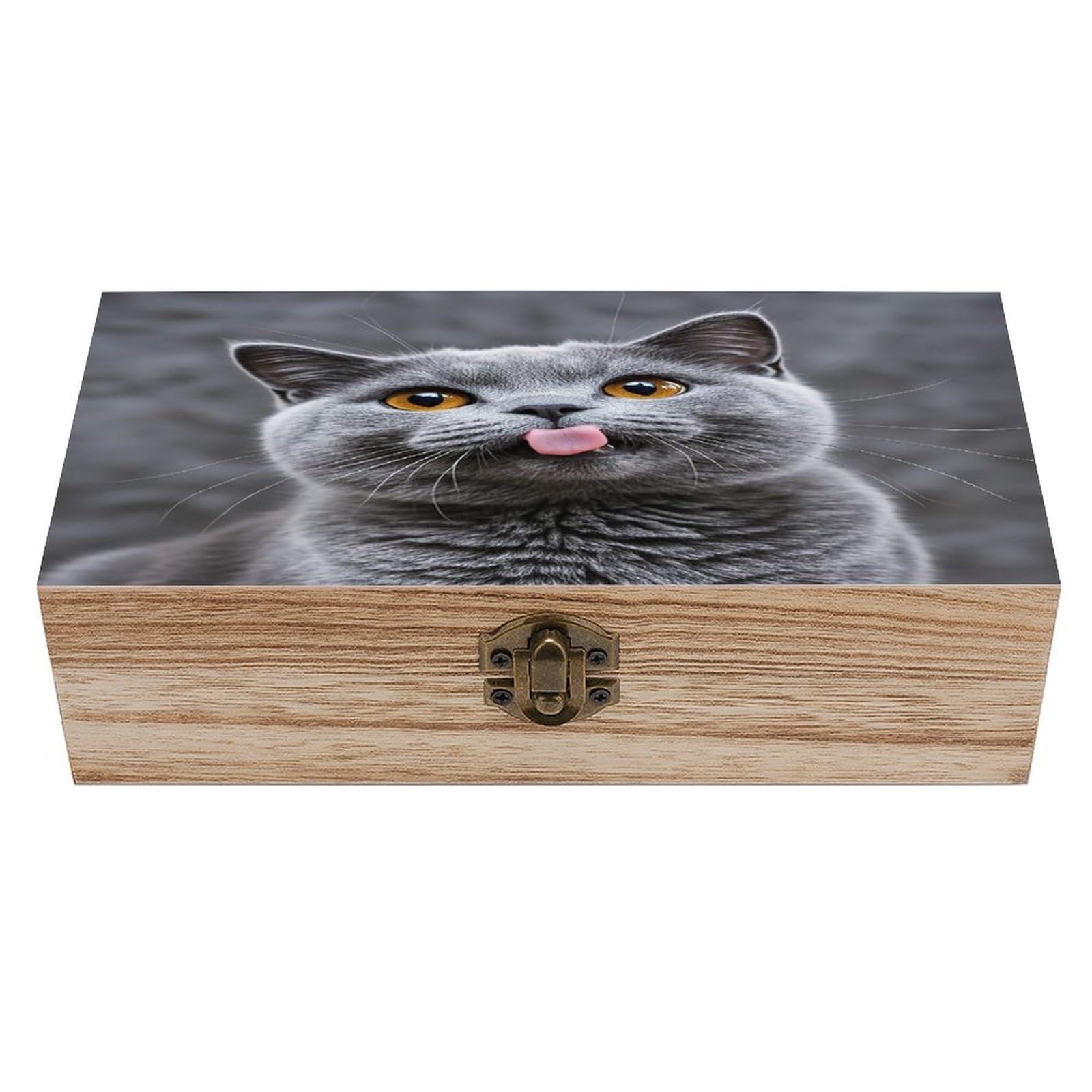 LZQPOEAS Blue Cat Sticking Out Tongue Wooden Box Storage Space to Organize Jewelry in A Beautiful Small Storage Box Decorative Card Boxes Memory Treasure Boxes for Crafts And Photo Storage