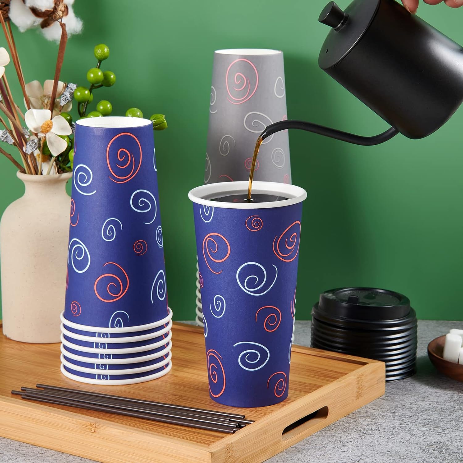 100 Pack 20 oz Paper Cups, Disposable Coffee Cups with Lids and Straws for Drinking Water, Tea Used for Home, Shops and Cafes - Image 3