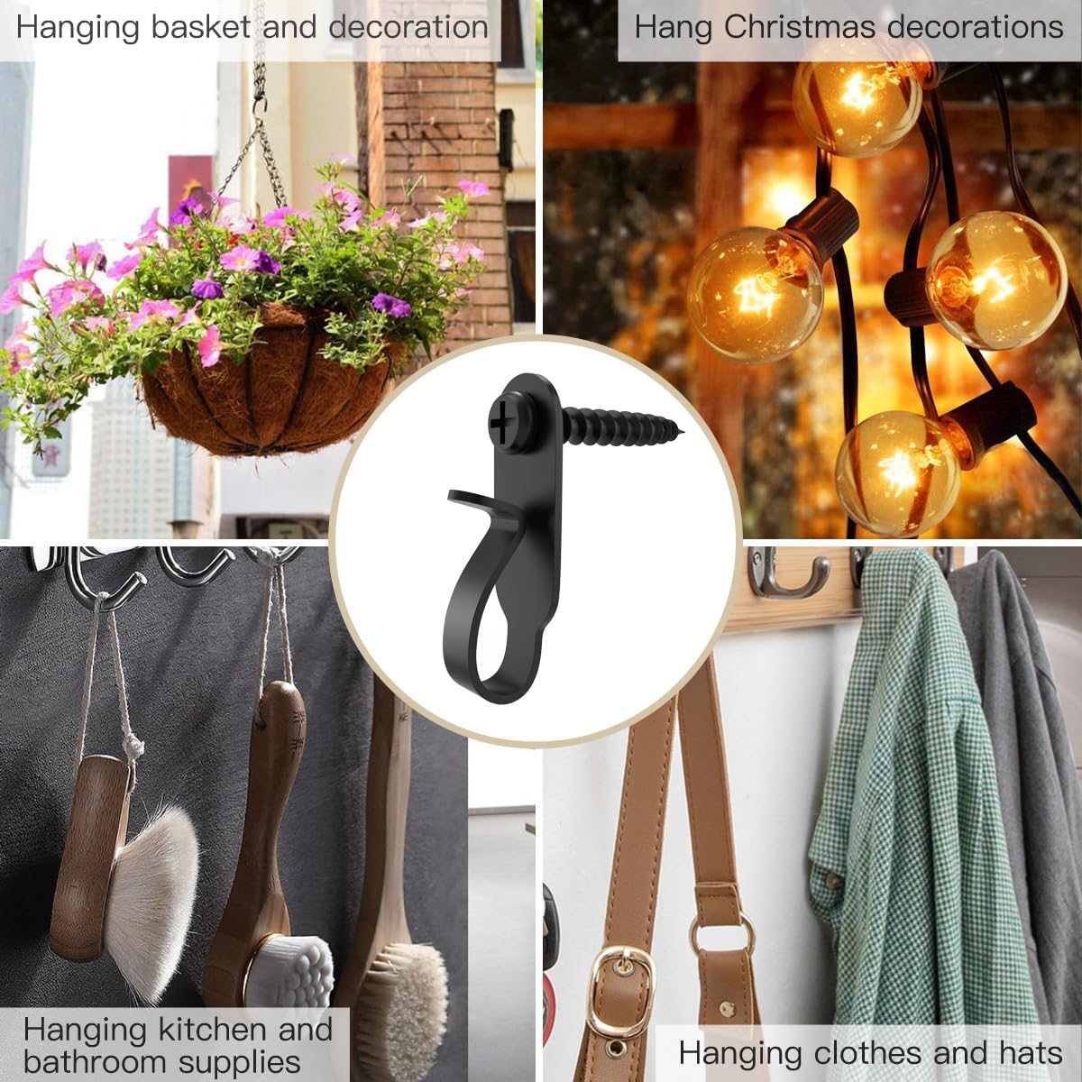 Light Hanger Hooks - Screw Hooks for Hanging Lights, Led Clips - Stainless Steel, Black, 20 Pack