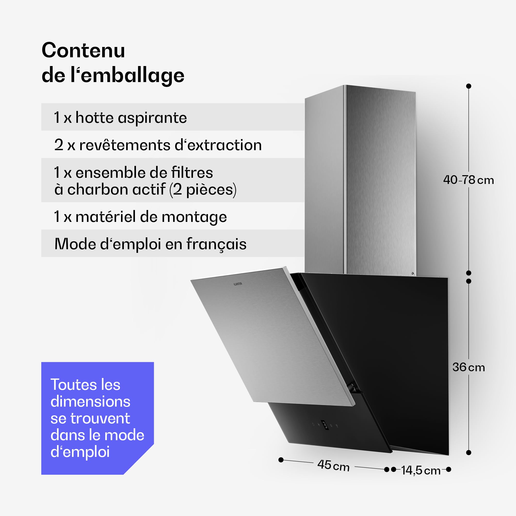 Klarstein Verosteel Hotte Aspirante 45 cm - Hotte Décorative, 624 m³/h, A++, Commandes Tactiles, LED, Filtre Charbon, Inox & Verre Noir, Silencieuse, Cuisine Moderne