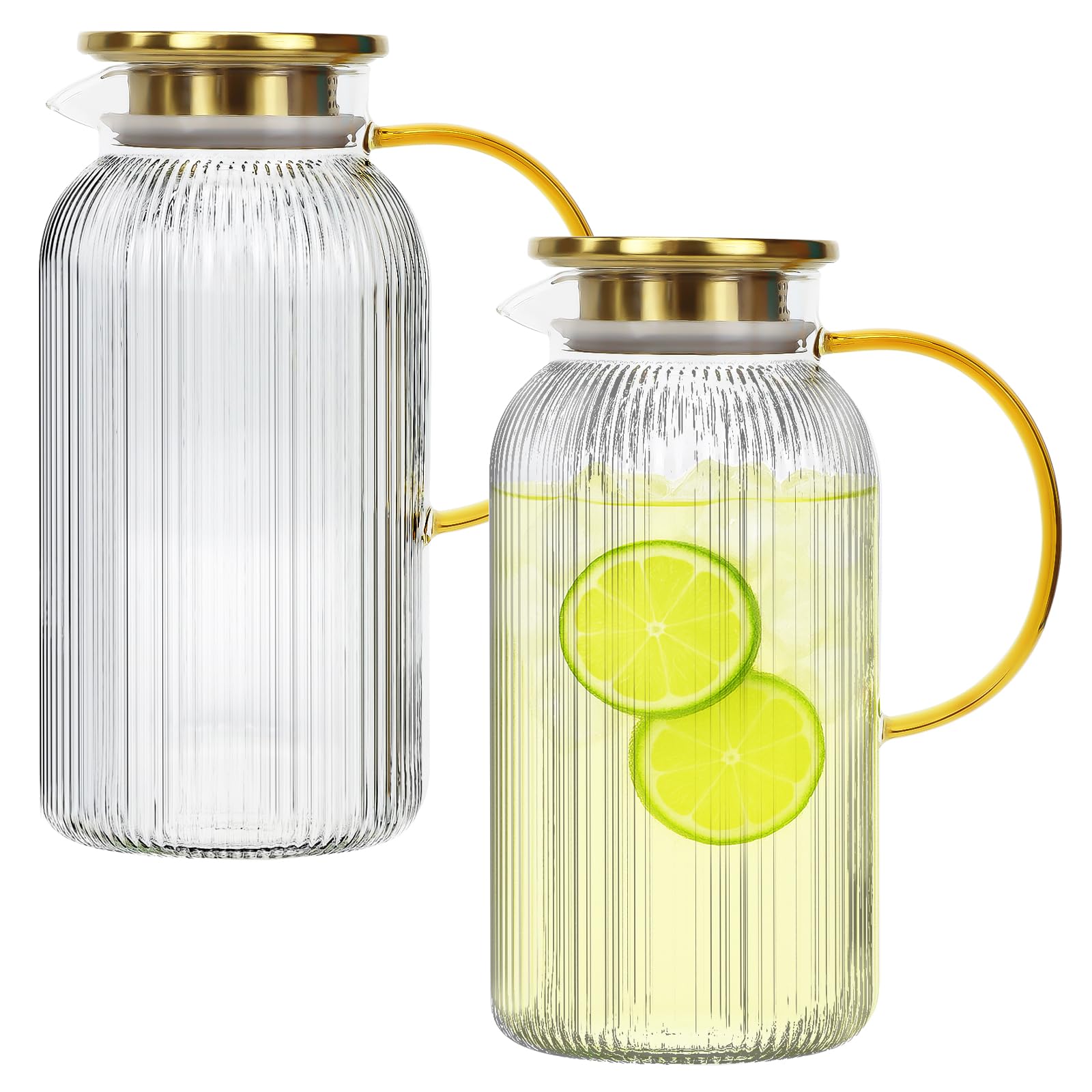 Lot de 2 Carafes en Verre Borosilicate Nervuré, 2 L avec Couvercles