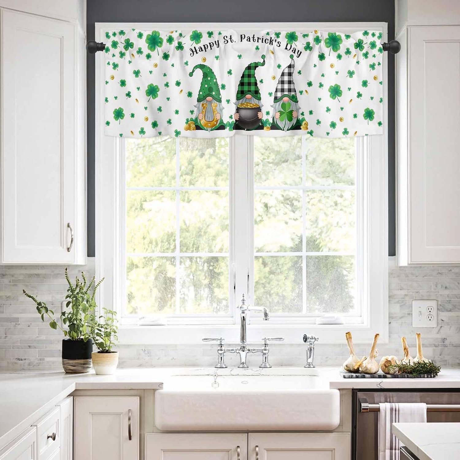 Kitchen Curtain Valance and Tiers Set of 3 St.Patrick's Day Shamrocks Buffalo Plaid Gnome 24 Inch Length Rod Pocket Window Curtains Small Cafe Curtains for Bathroom Living Room Bedroom Farmhouse