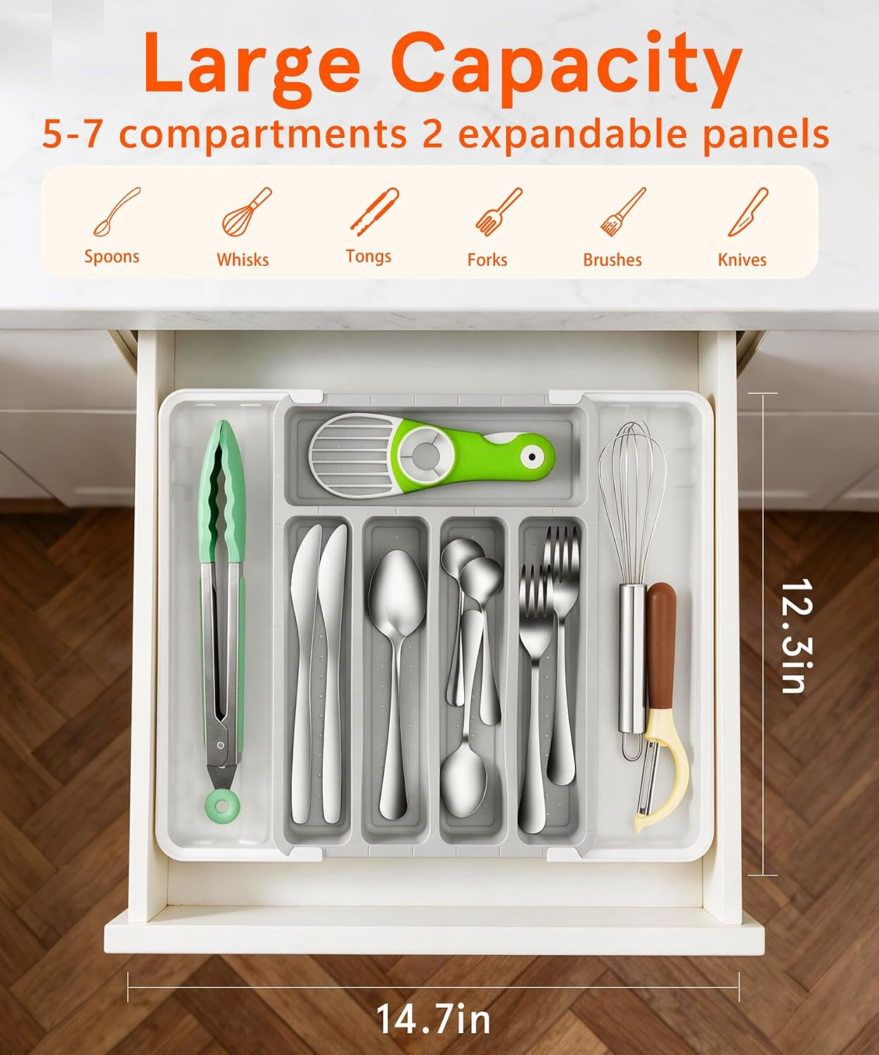 Aionvidas Silverware Drawer Tray, Expandable Utensil Organizer, 5-7 Slots