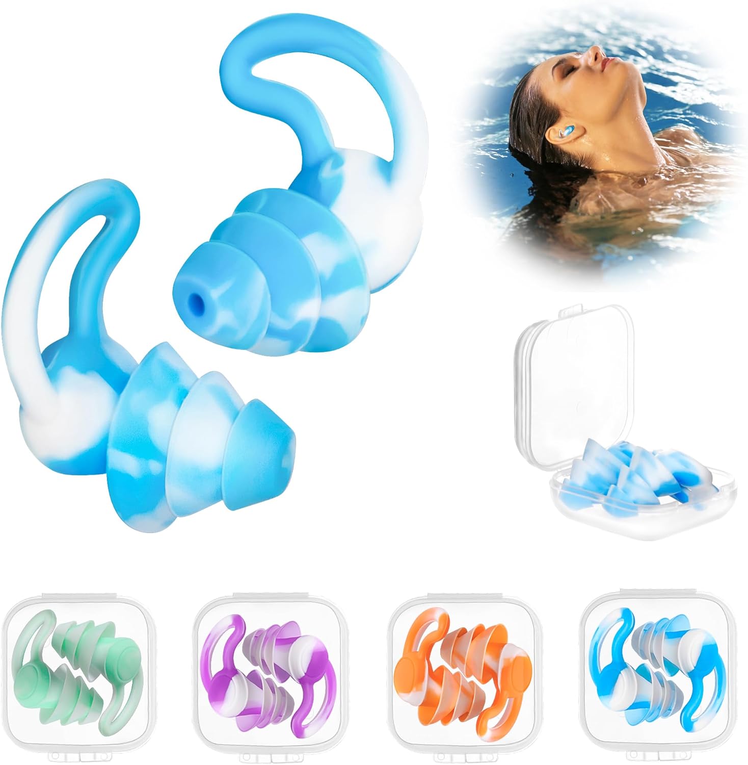 Ear Plugs for Swimming, 4 Pairs Reusable Silicone Earplugs