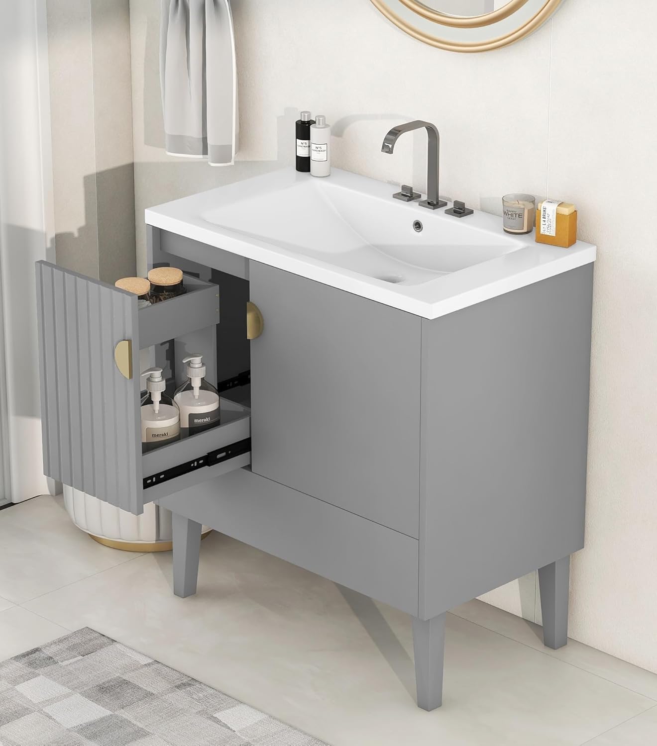 P PURLOVE 30" Bathroom Vanity with Ceramic Basin Sink Combo