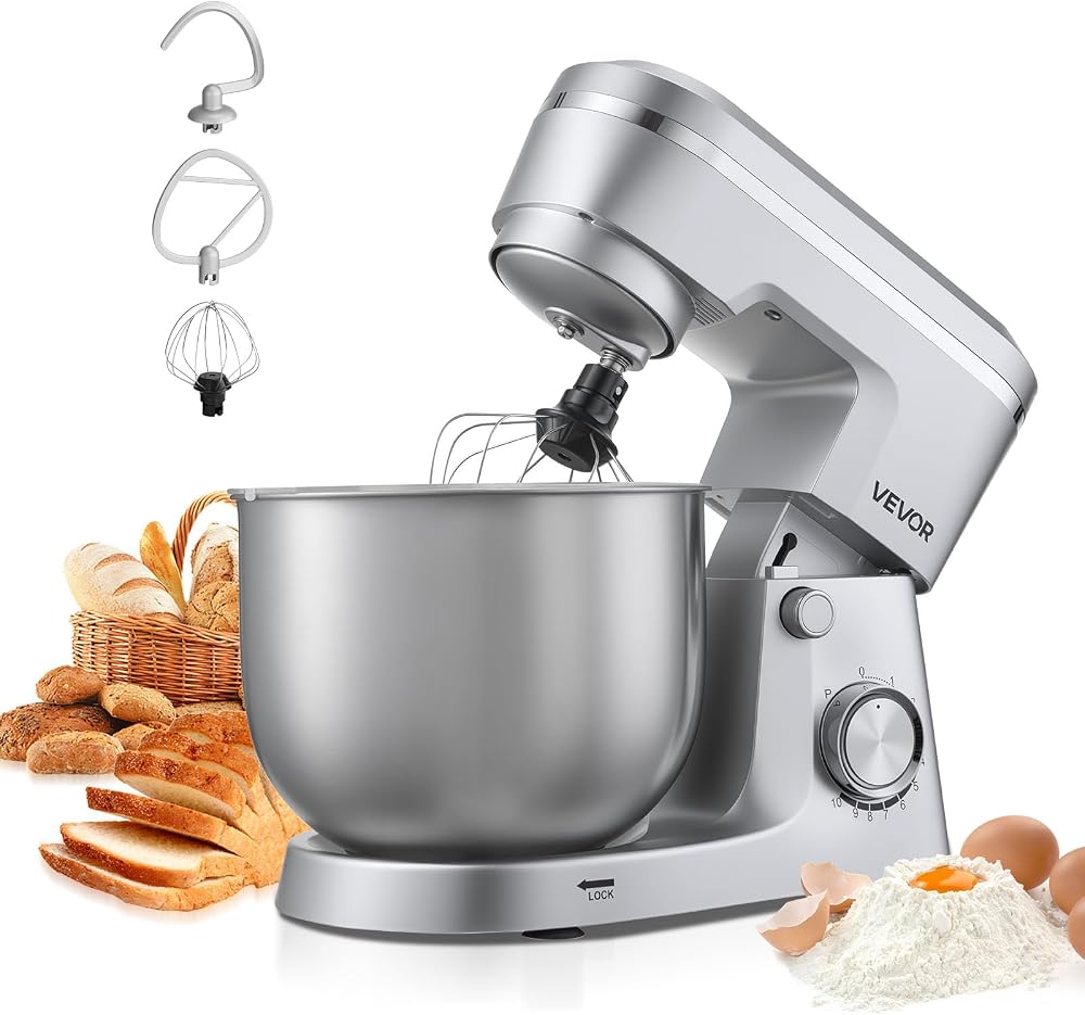 VEVOR Robot Pâtissier 5,7 L, Batteur sur Socle 1500 W, Mixeur à Pâte 10 Vitesses, Tête Inclinable, Bol en Inox, avec Crochet Pétrisseur, Fouet et Batteur, pour Mélange, Fouettage et Pétrissage