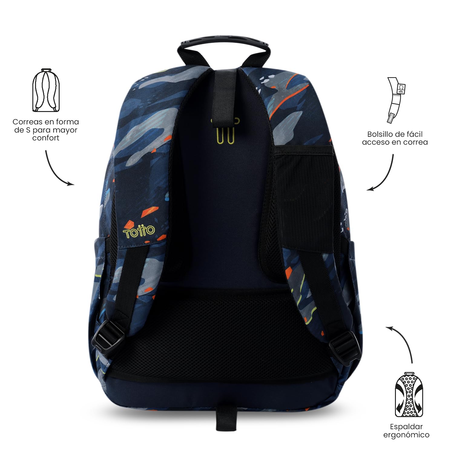 TOTTO - Mochila Escolar Adaptable a Carro, Modelo Acuareles Glitter, Capacidad 20L, Bolsillo para Pc 14", 2 Bolsillo Botella, Espaldar Ergonómico con Flujo de Aire, Correas en S, Estampado Groove Azul