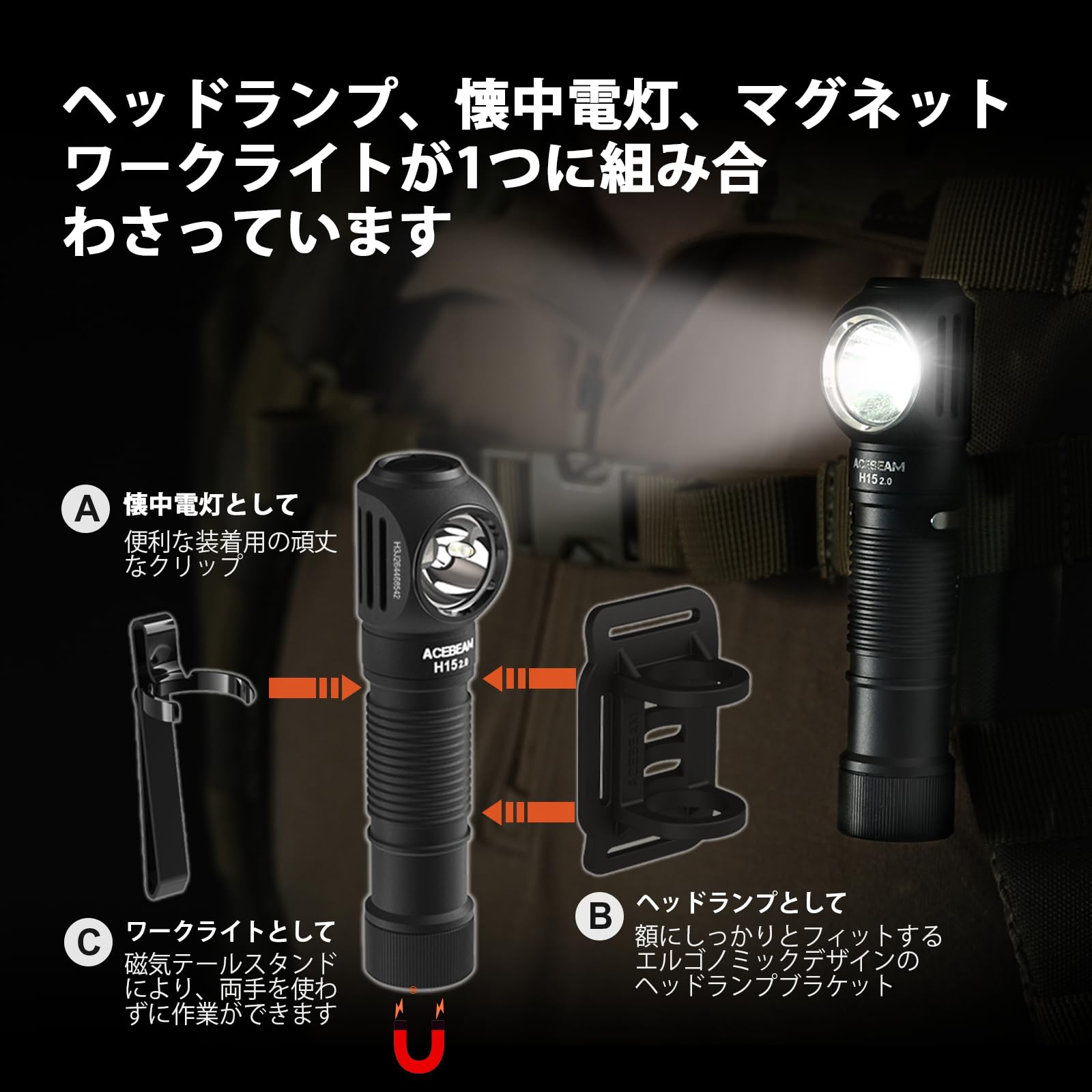 ブラック LEDヘッドライト 作業灯 ACEBEAM H15 2.0 L型ワークライト USB-C充電式 多機能 ヘッドランプ 明るい 2800ルーメン 白/赤色光付き ヘルメット ライト防水 登山、釣り、 防災、作業用 (黒) Amazon.co.jp: LEDヘッドライト 作業灯 ACEBEAM H15 2.0 L型ワーク