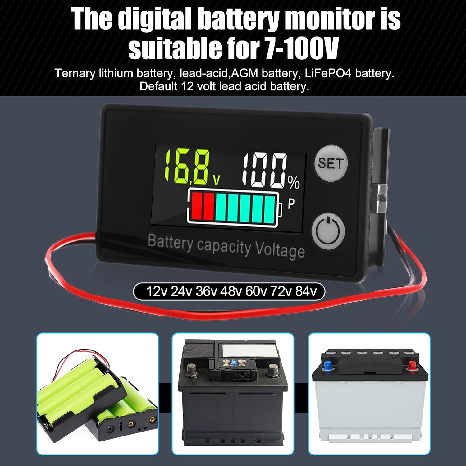 Kingdder 4 Pack Digital Battery Monitor for Golf Cart 8-100v, 12v 24v 36v 48v 60v 72v, LCD Display with Capacity Alarm & Temperature Sensor for Marine Boat/Car/Motorcycle Lithium Lead Acid Batteries