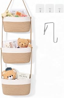 Over the Door Hanging Storage Basket, Cotton Rope Woven 3-Tier Wall Baskets