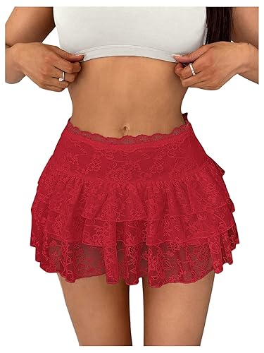 GORGLITTER Damen Spitzen Rock Y2k Minirock Drop Waist Röcke Peplum Rock Festival Outfit Mini Rockabilly Spitzenrock Freizeitrock - Rot - S