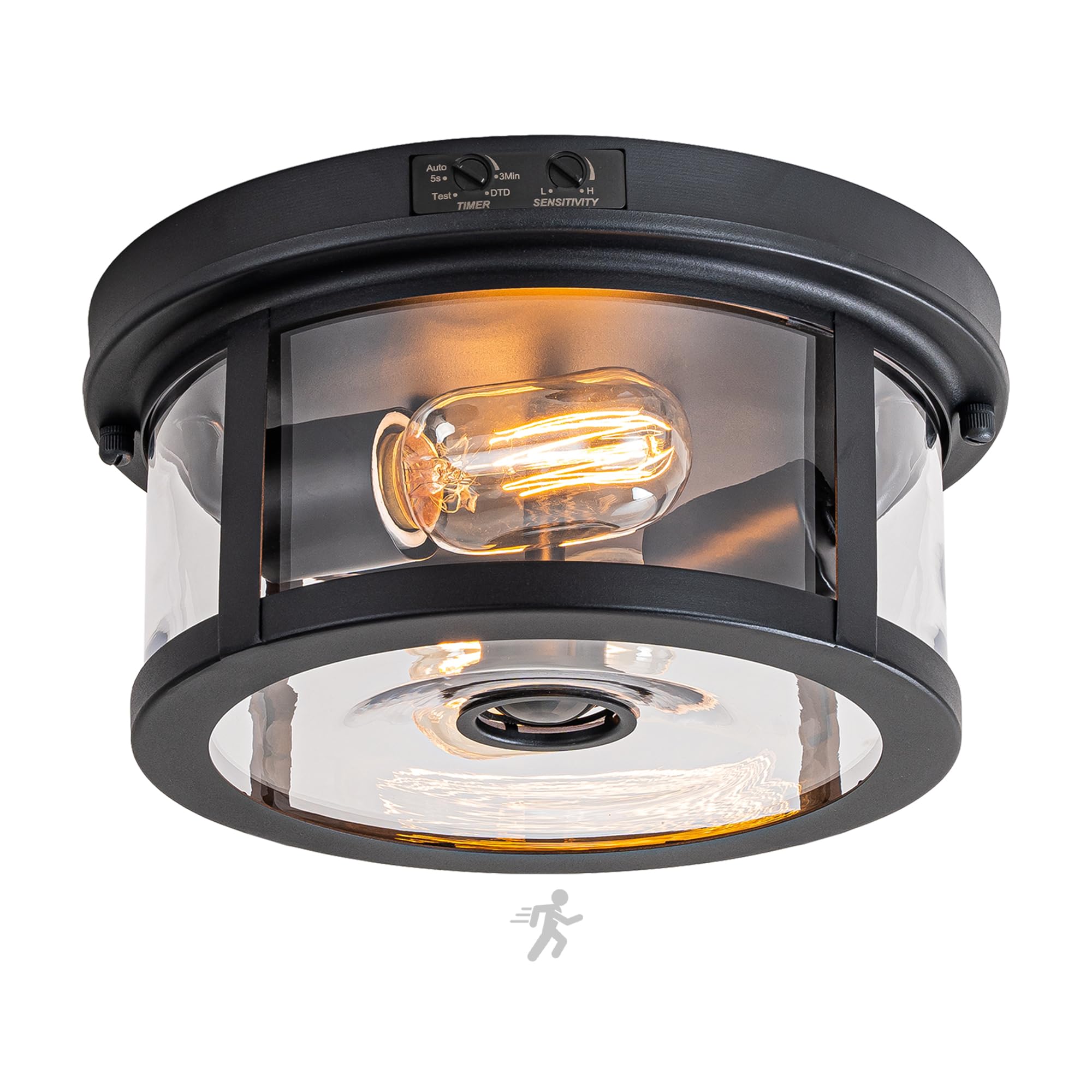 FTL Outdoor Ceiling Lights with Motion Sensor, Dusk Till Dawn Flush Mount Black Porch Lights with Clear Glass, 2-Light Adjustable Sensor Outdoor Light Ceiling Mount for Hallway, Patio, Entryway, Yard