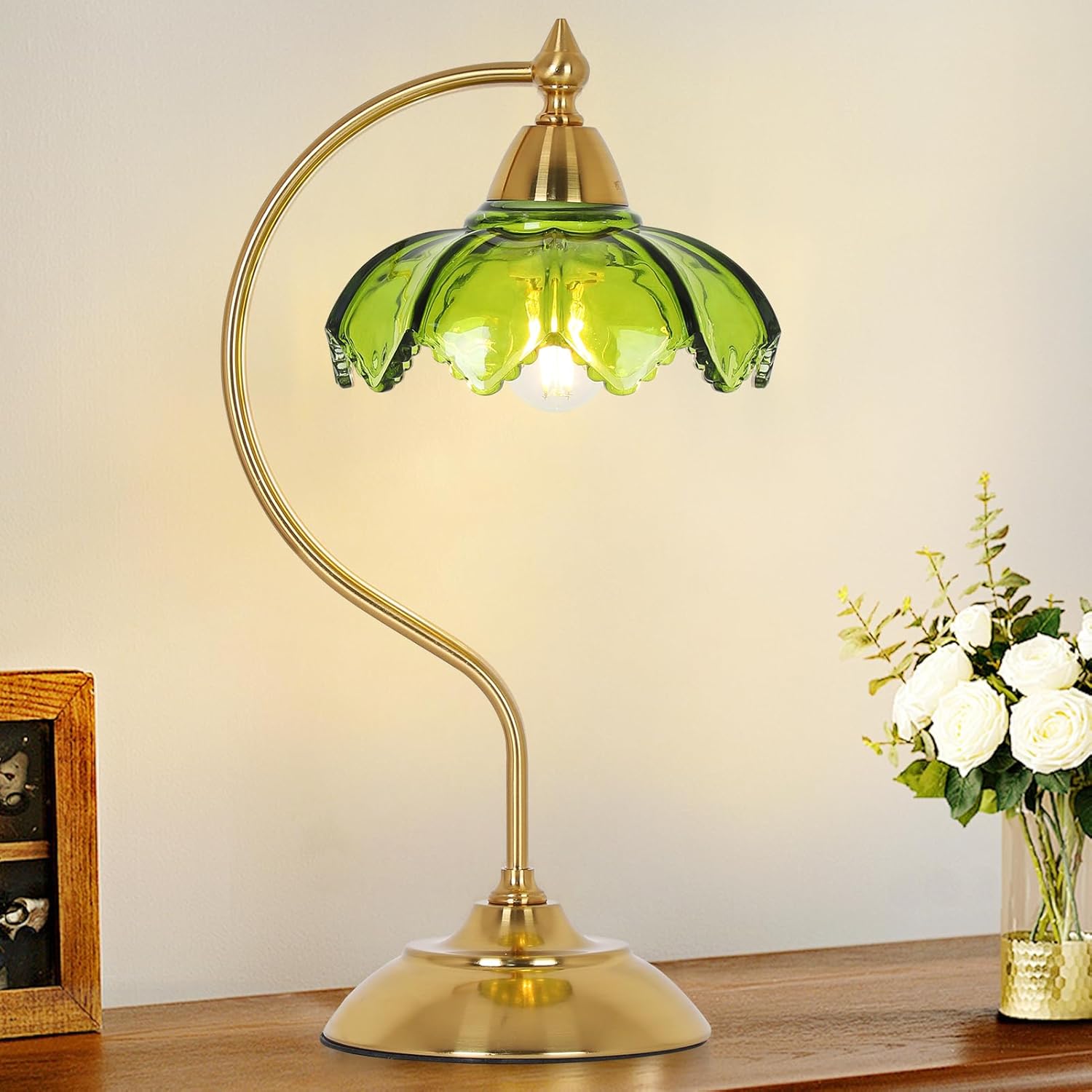 Glass Beside Table Lamp for Bedroom, Plug In Gold Desk Lamp, Vintage Flower Nightstand Lamp, Table Lamps for Living Room, Small Desk Lamps for Home Office, Green Table Light, Flower Lamp Decoration