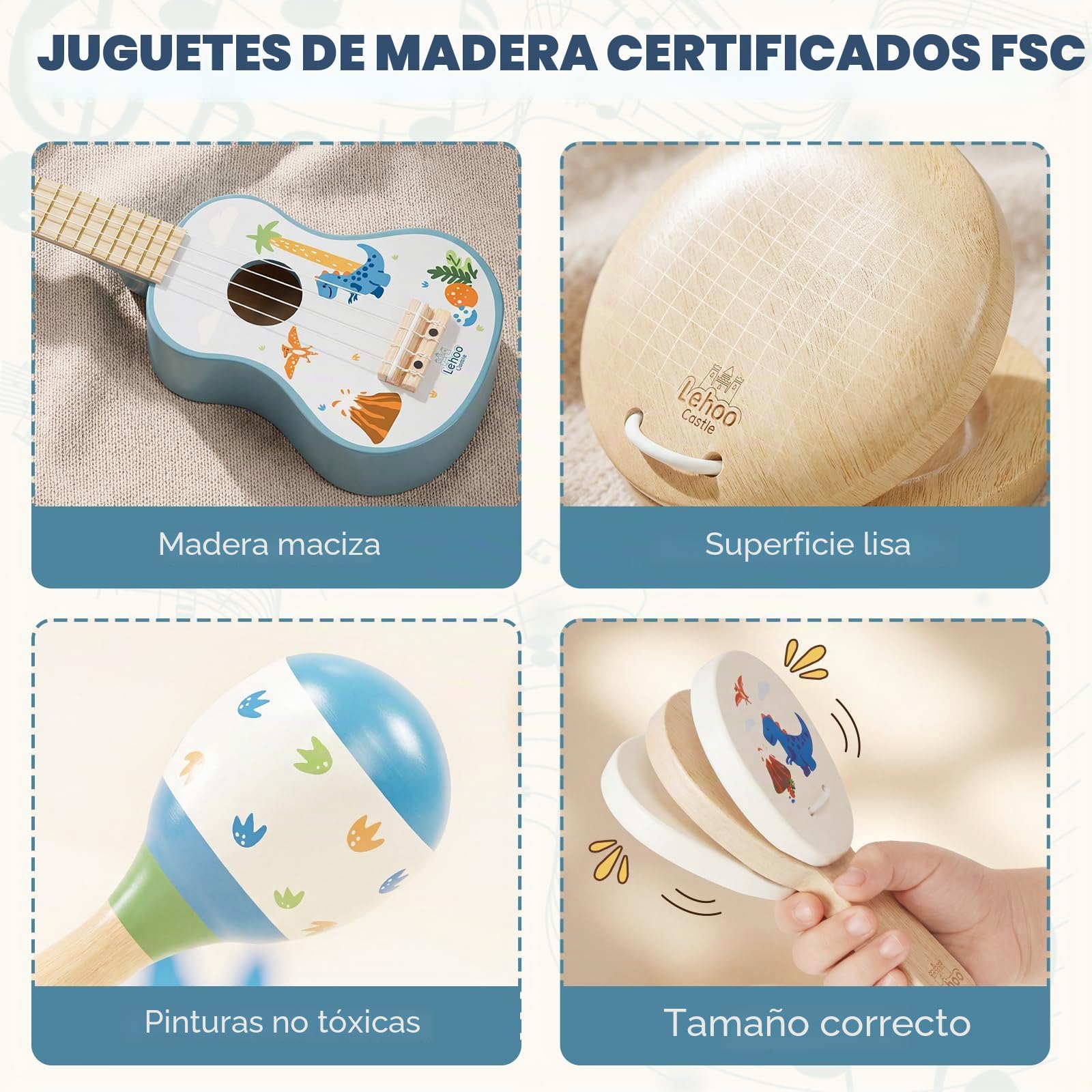 Lehoo Castle Juego de Guitarra Infantil con 7 Instrumentos usicales, Ukelele Niños de Madera con Pandereta, Flauta, Maracas y Sonajero, Educativos Juguete Musical Regalo 2 3 4 Años