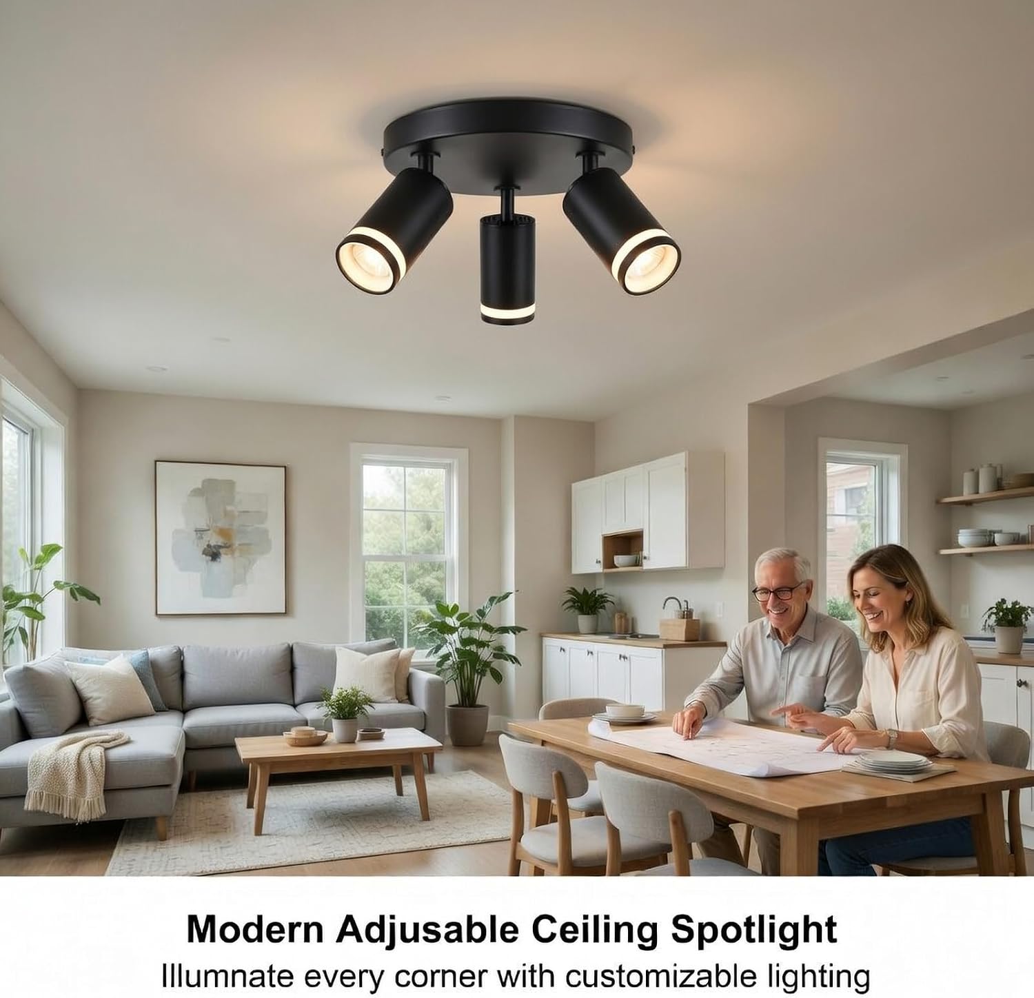 3 Light Track Lighting Kit, LED Track Lighting Fixtures, Black Round Directional Ceiling Spotlight, Adjustable Modern Indoor Ceiling Spotlights for Kitchen, Living Room, Bedroom, No GU10 Bulb