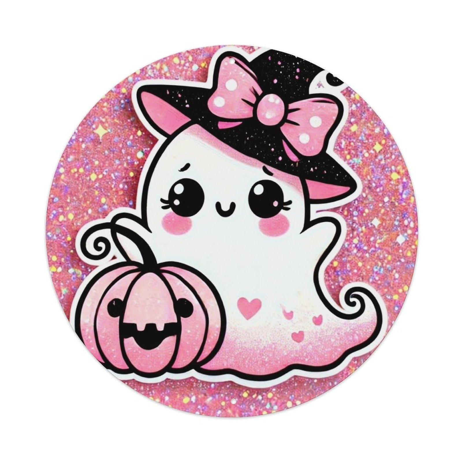 Cute Ghost With Pumpkin And Hat Retro Metal Sign Round Tin Sign, Vintage Decor Art Poster for Bar, Home, Man Cave, Kitchen, Laundry Room Gift 8x8Inch
