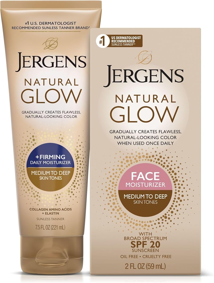 Paquete Jergens Natural Gradual Glow: humectante diario + reafirmante 7.5 fl oz y humectante facial SPF20 2 fl oz, medio a bronceado