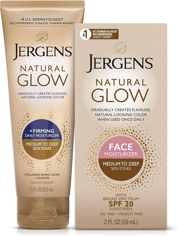 Paquete Jergens Natural Gradual Glow: humectante diario + reafirmante 7.5 fl oz y humectante facial SPF20 2 fl oz, medio a bronceado
