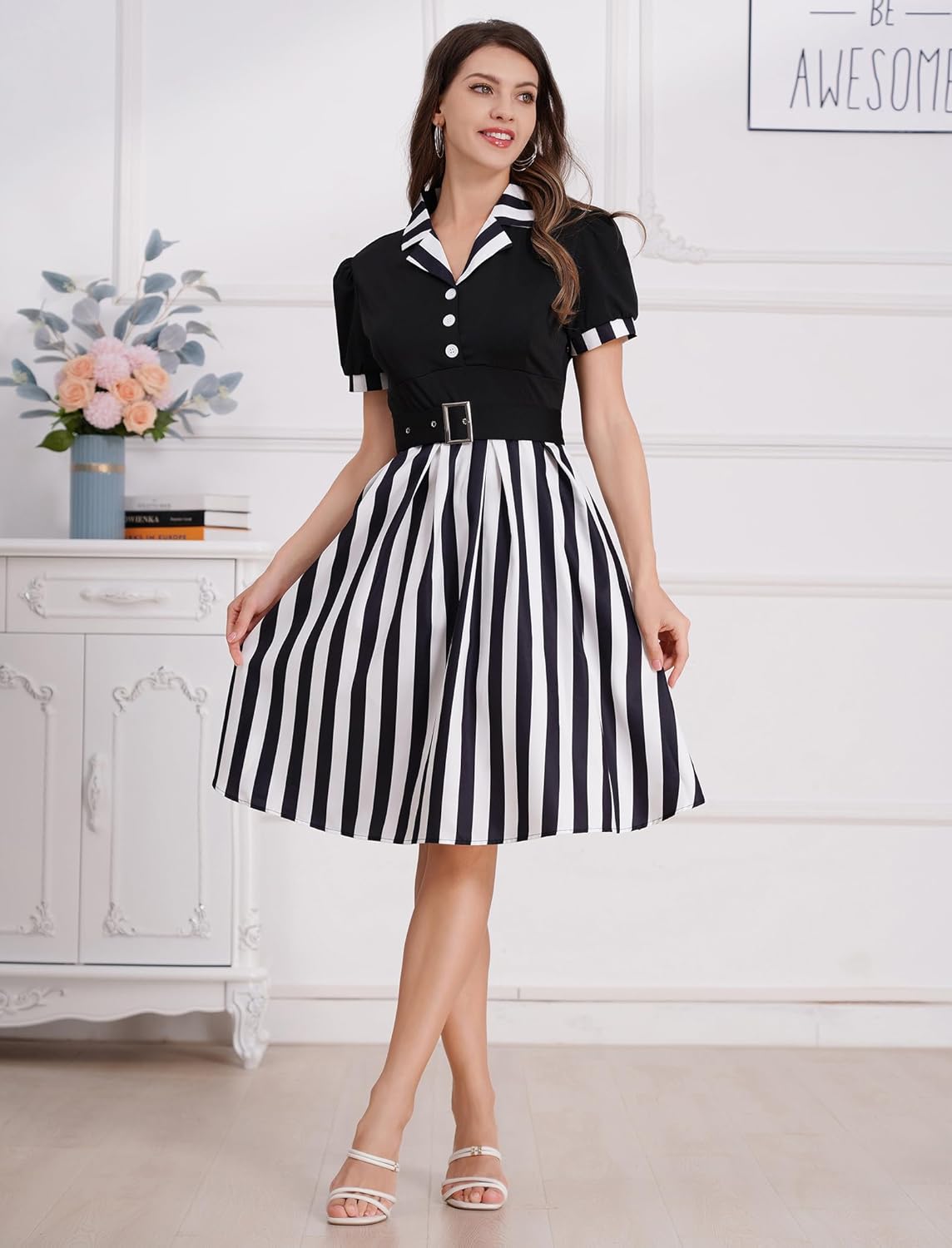 IWEMEK Lapel Collar 50s Vintage Dress for Women 1950s Polka Dot Retro Cocktail Swing Dress with Belt Audrey Hepburn Dresses - Image 2