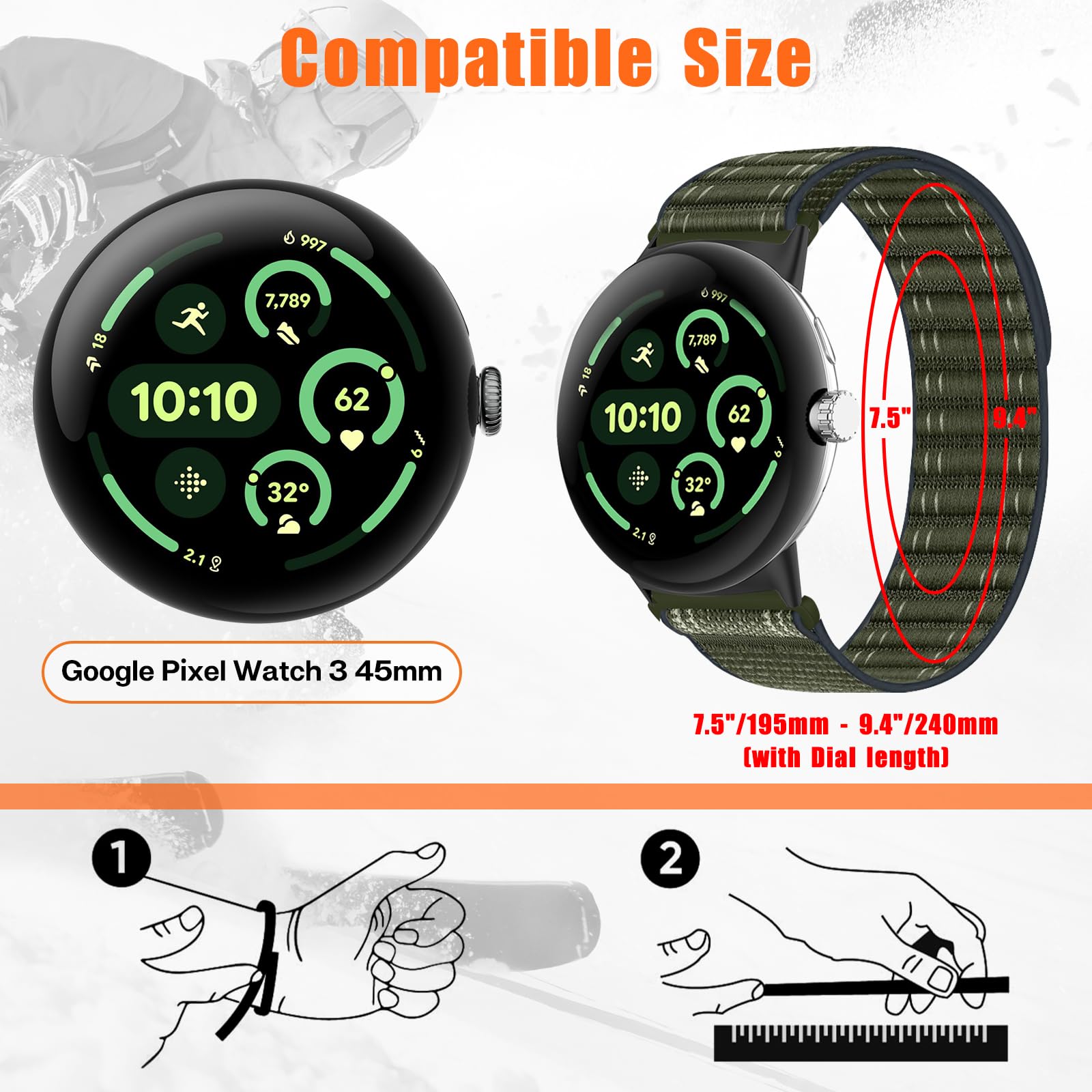 ZoRoll Nylonowy pasek kompatybilny z Google Pixel Watch 3 45 mm, wymienna bransoletka dla mężczyzn i kobiet, elastyczny nylonowy pasek z rzepem do Google Pixel Watch 3 45 mm