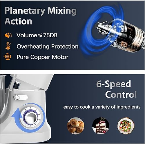 Miniatura 6 de Mezclador de pie de 800 W, mezcladores de masa de cocina de 8 cuartos de galón, mezcladores domésticos eléctricos de velocidad ajustable con tazón,