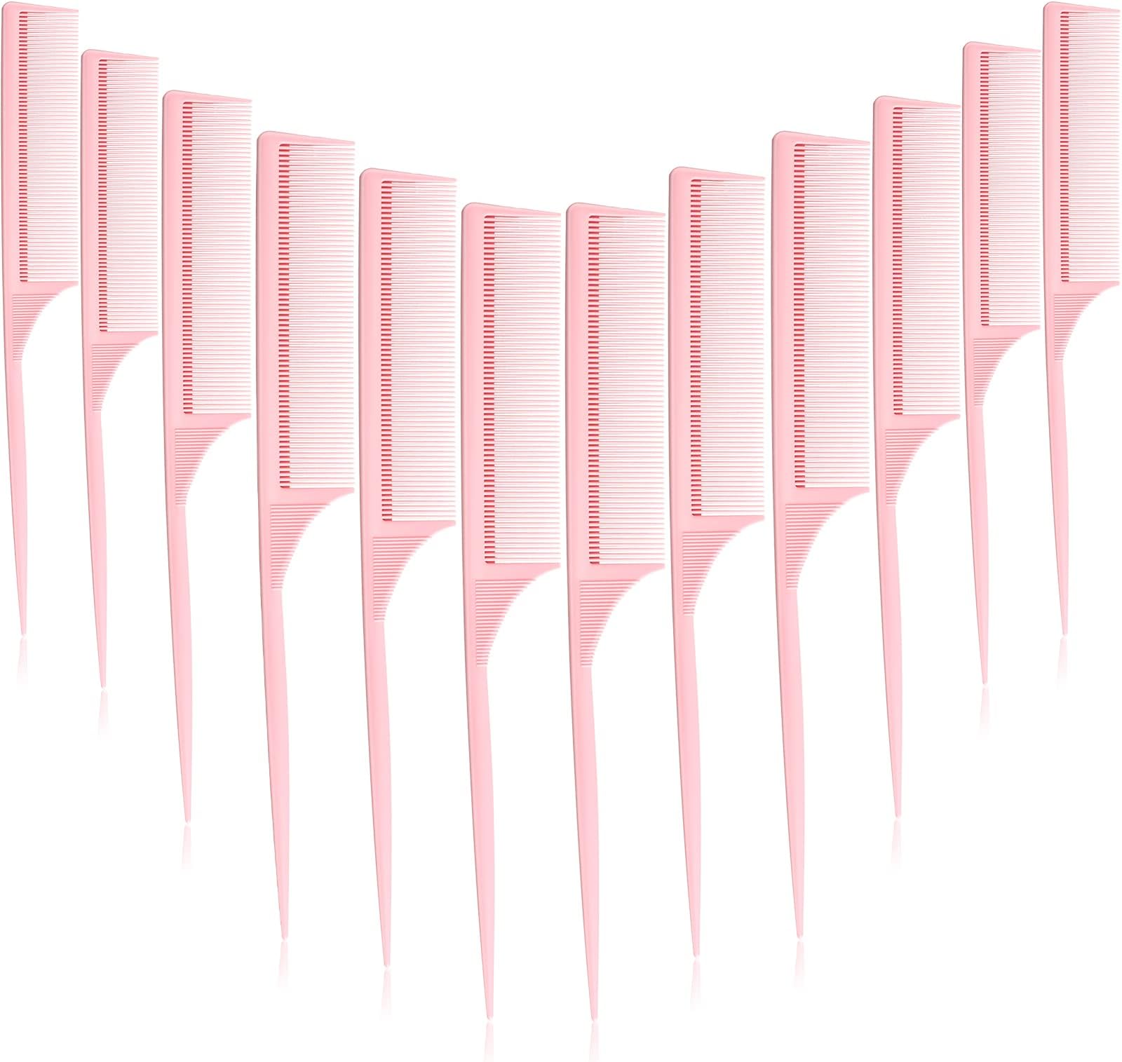 Leinuosen 10 Pcs Rat Tail Combs Set, Parting Comb Braiding Hair Styling Teasing Fine Tooth Comb for Women, Carbon Heat Resistant Anti Static Pintail(Pink)