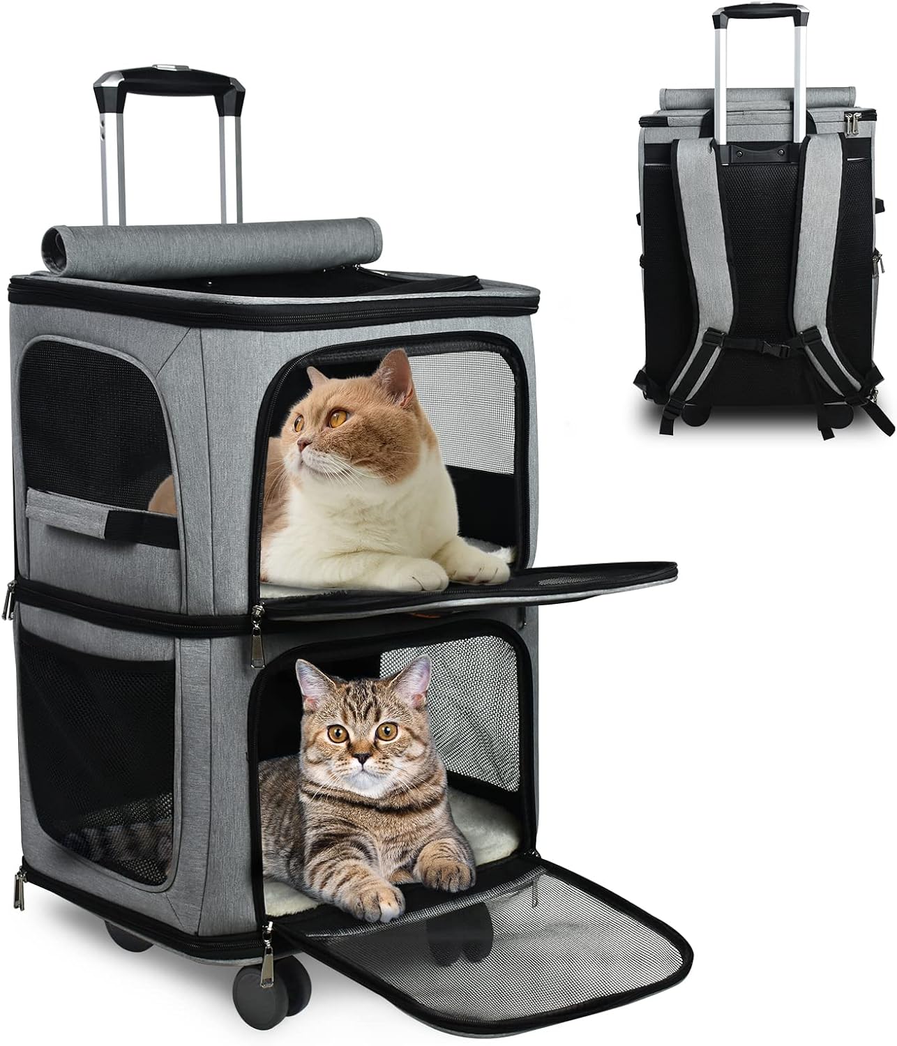 GJEASE Double-Compartment Pet Dog Rolling CarrierBackpack with Wheels,Cat Carrier for 2 Cats,Super Ventilated Design,Ideal for…