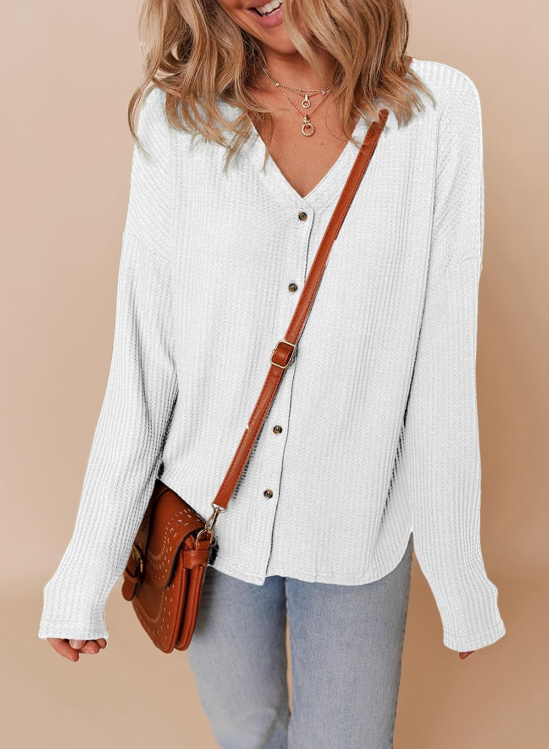 Dokotoo Women's Casual V Neck Waffle Knit Button Down Long Sleeve Shirts Loose Tops - Image 2