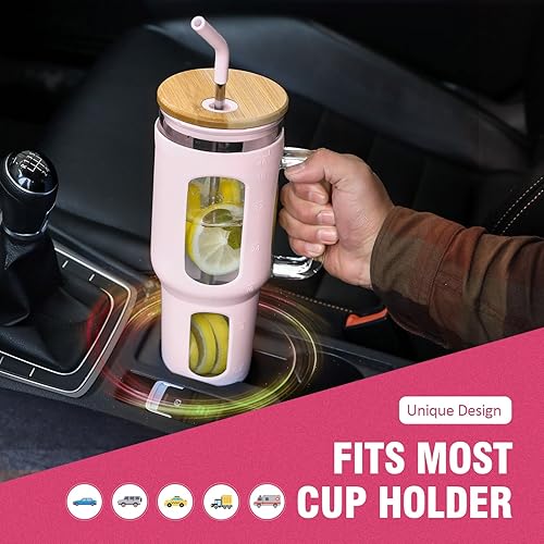 Miniatura 5 de Vaso de vidrio con tapa y pajilla, taza para café helado de 46 onzas con asa, botellas de agua grandes con funda de silicona, taza de vidrio con