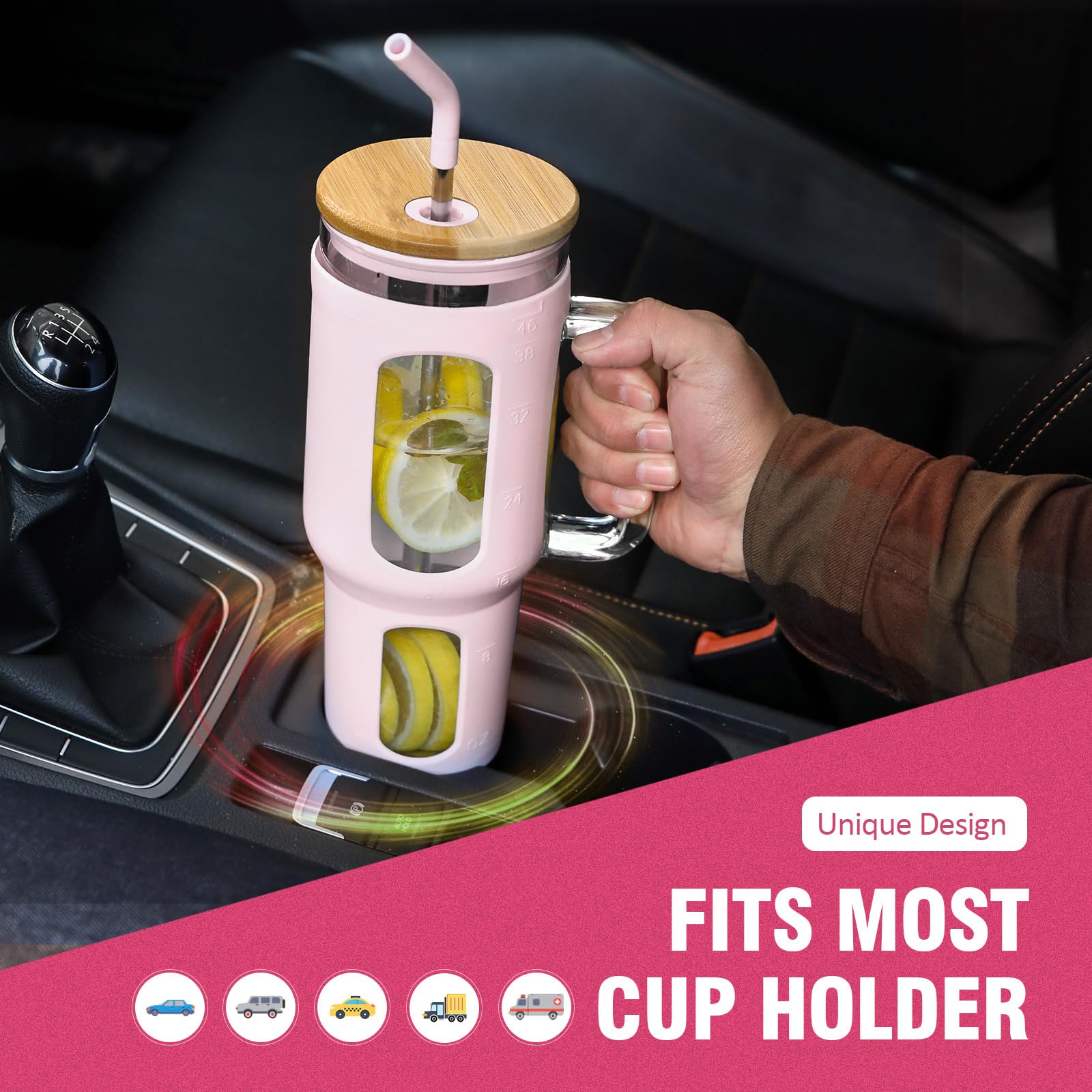 BLUEGO Glass Tumbler with Lid and Straw, 1400ml Iced Coffee Cup with Handle, Glass Water Bottles with Silicone Sleeve - Image 4