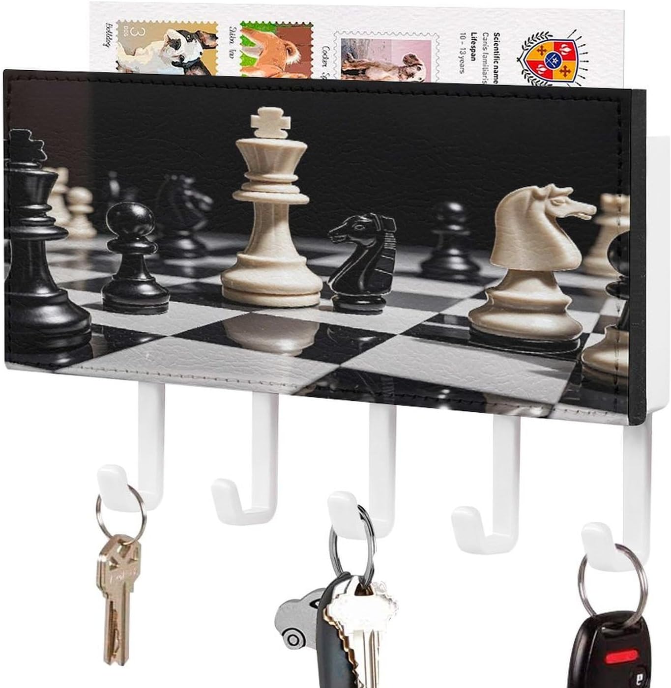 Key Holder Wall Mount Key Hanger with 5 Hooks, Decorative Key Rack | Black And White Chess Hanging Key Hooks with Mail Organizer for Wall Living Room Kitchen Bathroom Hallway