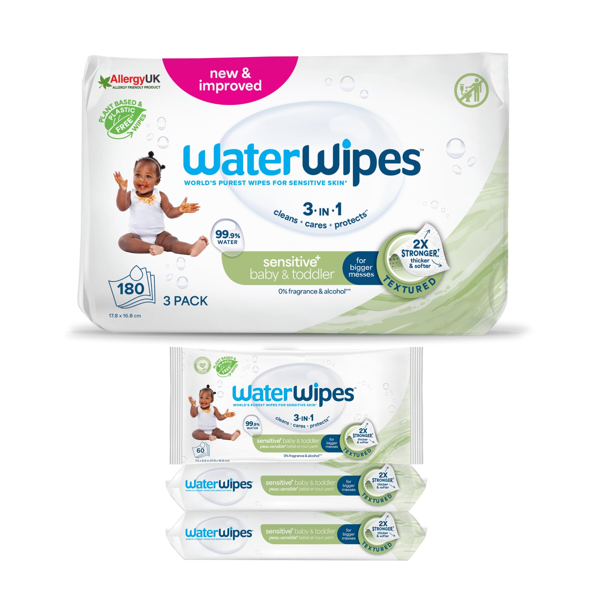 WaterWipes Sensitive+ Baby & Toddler Wipes, 180 Count (3 Packs), 3-In-1 Cleans, Cares, Protects, 99.9% Water, Textured Clean, Unscented